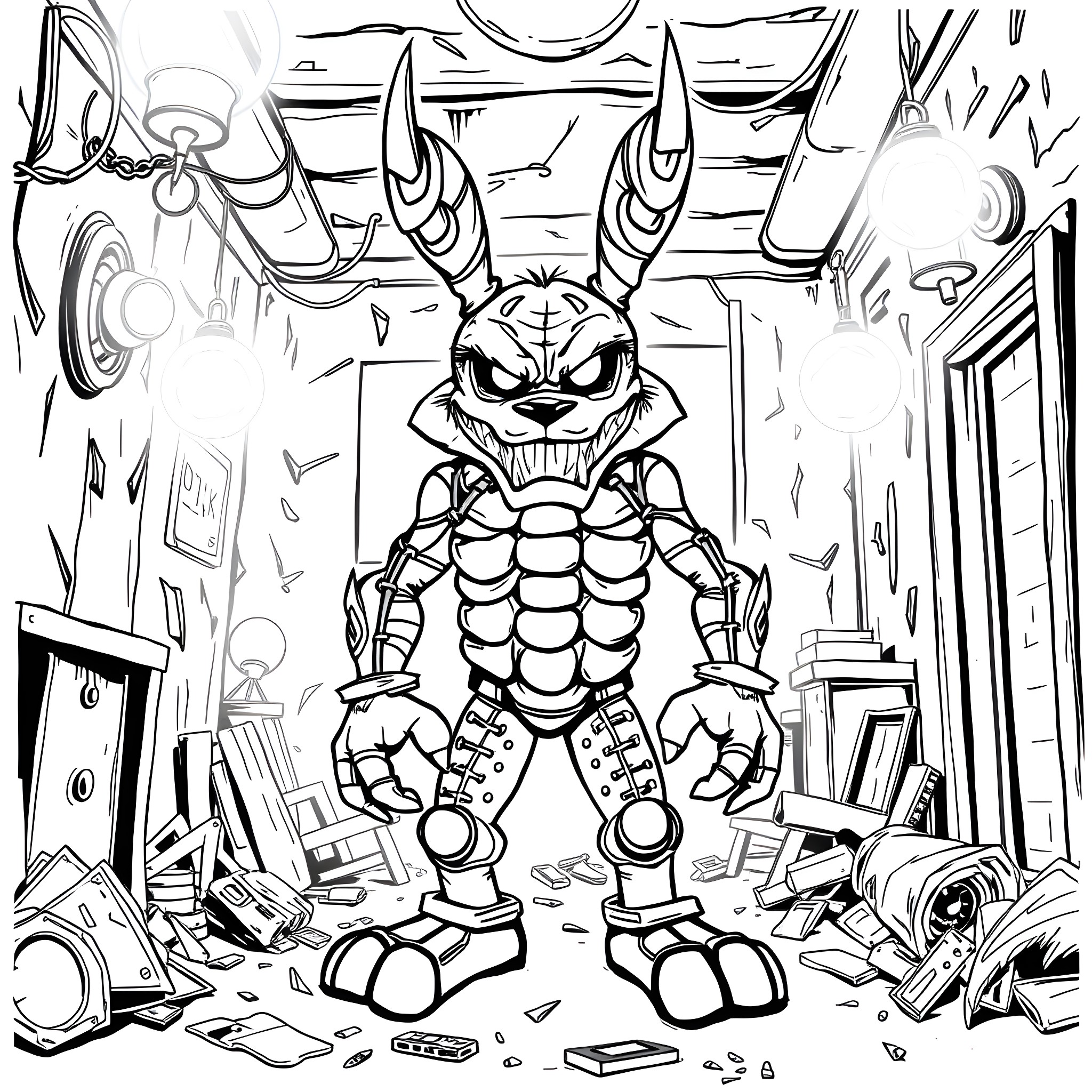 Springtrap Towering Amidst Chaos and Destruction Coloring Page (free black-and-white line drawing printable PDF for all, from beginners to advanced learners, including children, teens, adults, and seniors)