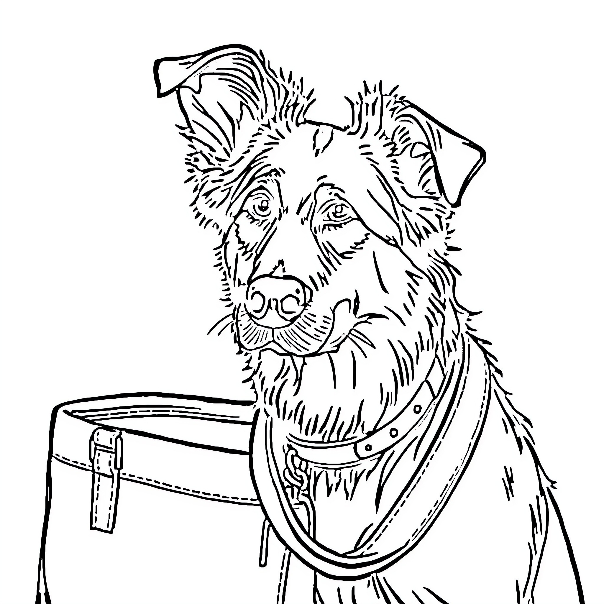Dog Wearing Glasses and Carrying Bag Coloring Page (free black-and-white line drawing printable PDF for all, from beginners to advanced learners, including children, teens, adults, and seniors)