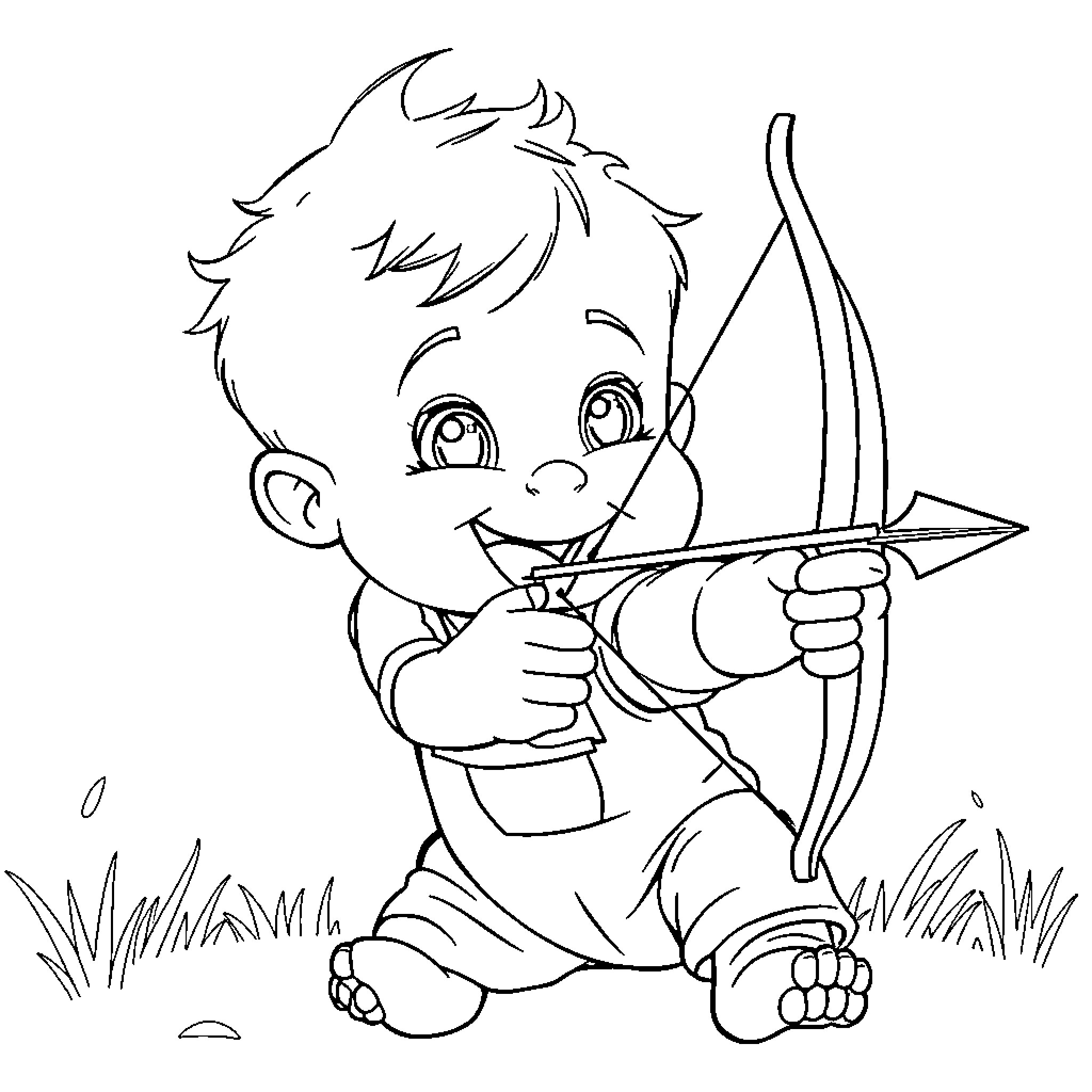 Baby playing with toy bow and arrow Coloring Page (free black-and-white line drawing printable PDF for all, from beginners to advanced learners, including children, teens, adults, and seniors)