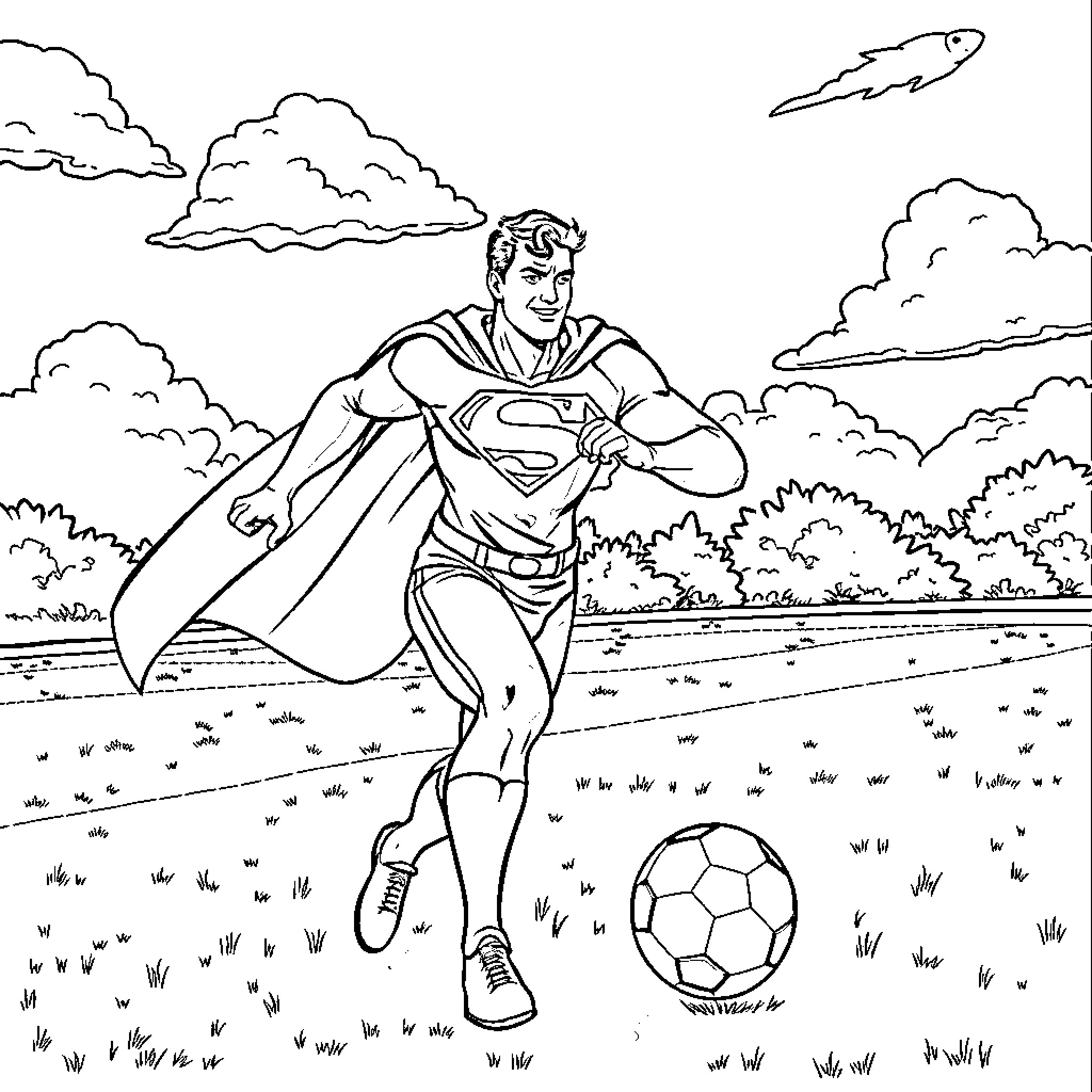 Superman playing soccer in a scenic outdoor setting Coloring Page (free black-and-white line drawing printable PDF for all, from beginners to advanced learners, including children, teens, adults, and seniors)