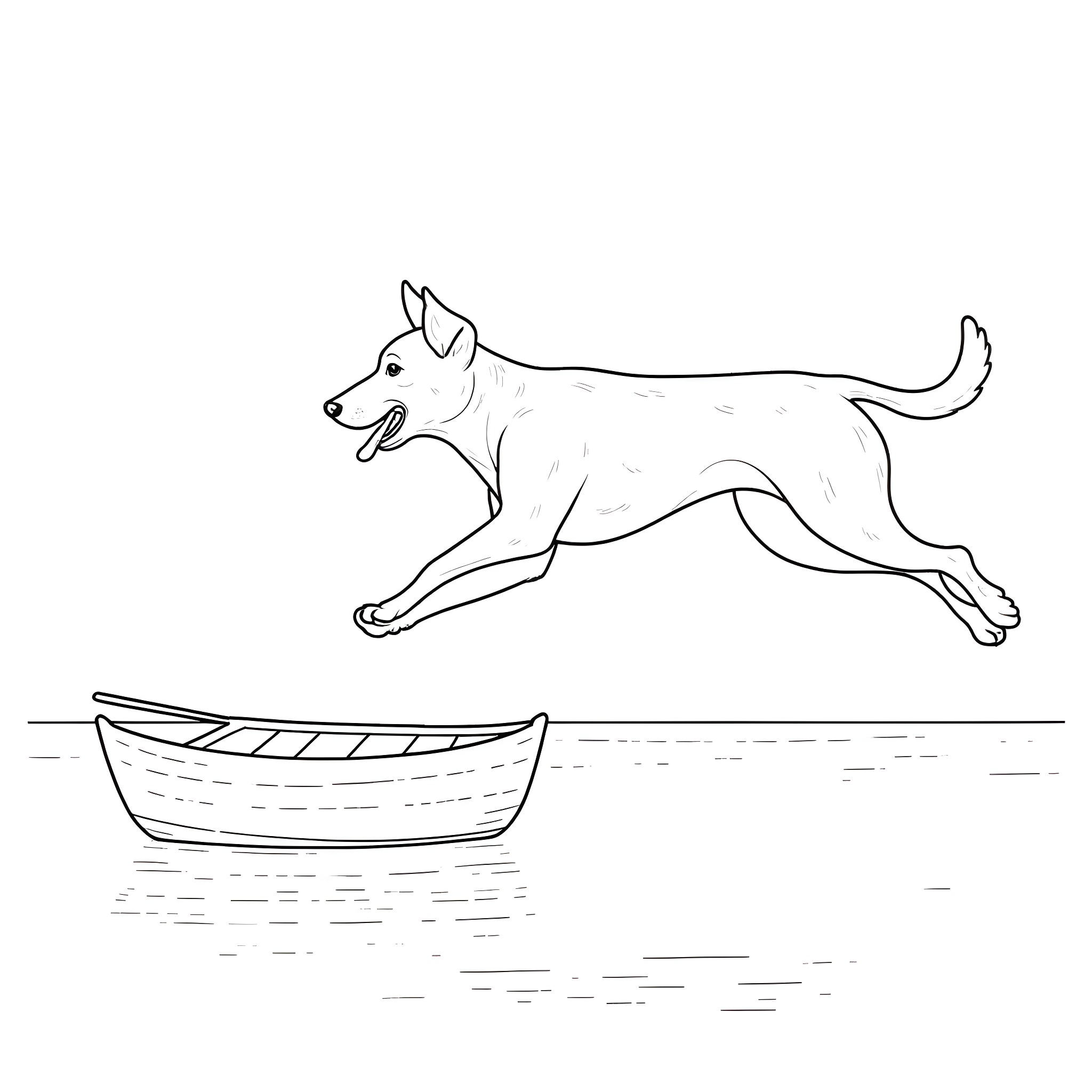 Dog jumping over boat on water Coloring Page (free black-and-white line drawing printable PDF for all, from beginners to advanced learners, including children, teens, adults, and seniors)
