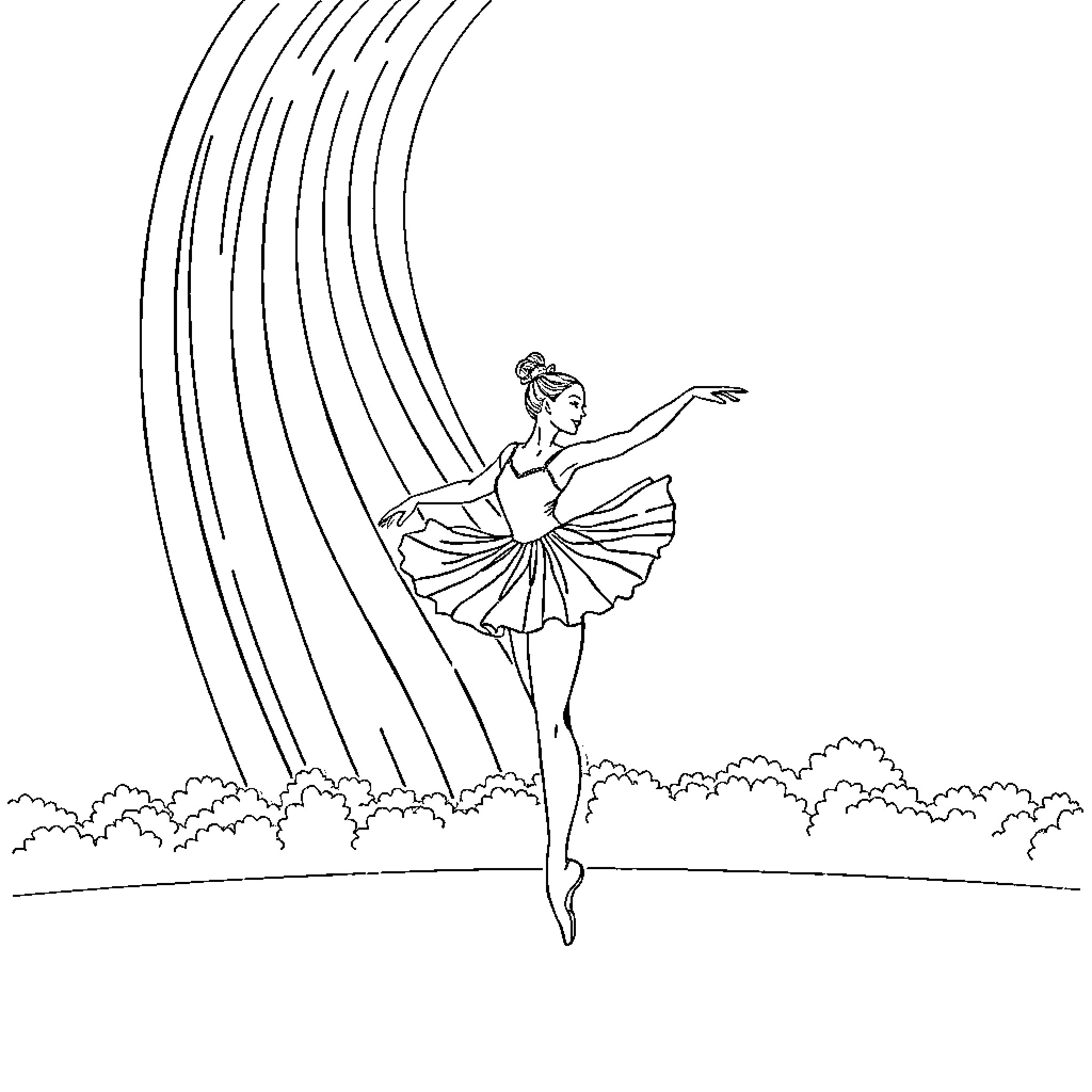 Ballet Dancer Gracefully Performing Outdoors Coloring Page (free black-and-white line drawing printable PDF for all, from beginners to advanced learners, including children, teens, adults, and seniors)