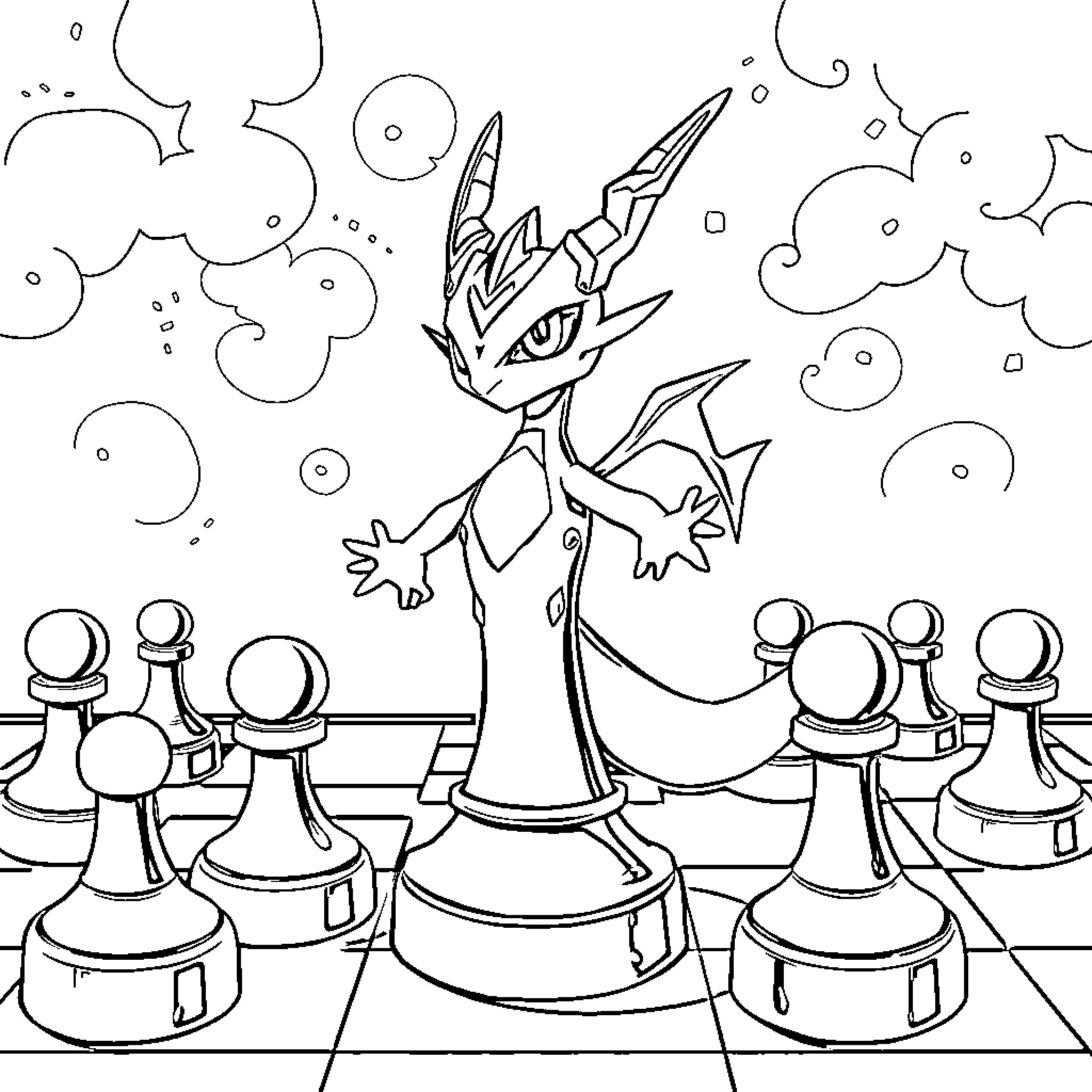 Digimon Chess Battle with Alien-Like Creature Coloring Page (free black-and-white line drawing printable PDF for all, from beginners to advanced learners, including children, teens, adults, and seniors)