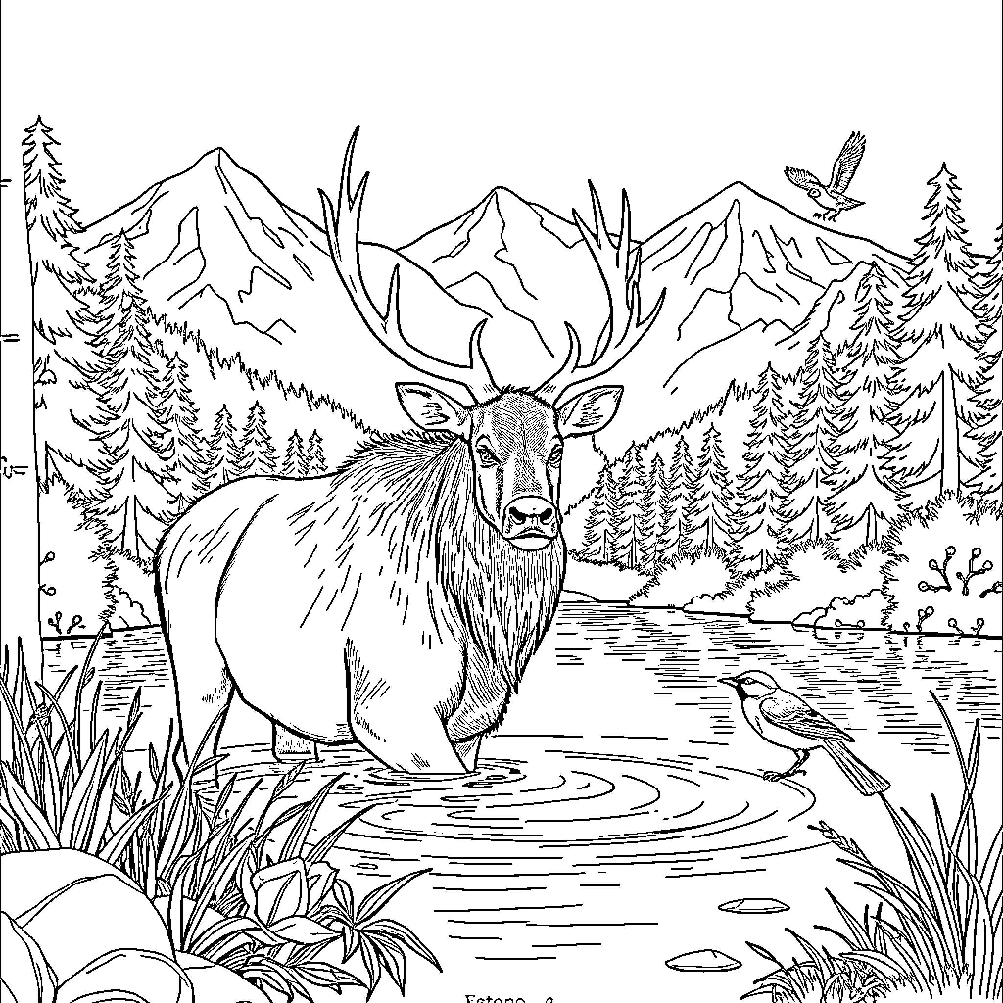 Deer standing gracefully in a tranquil wilderness scene Coloring Page (free black-and-white line drawing printable PDF for all, from beginners to advanced learners, including children, teens, adults, and seniors)