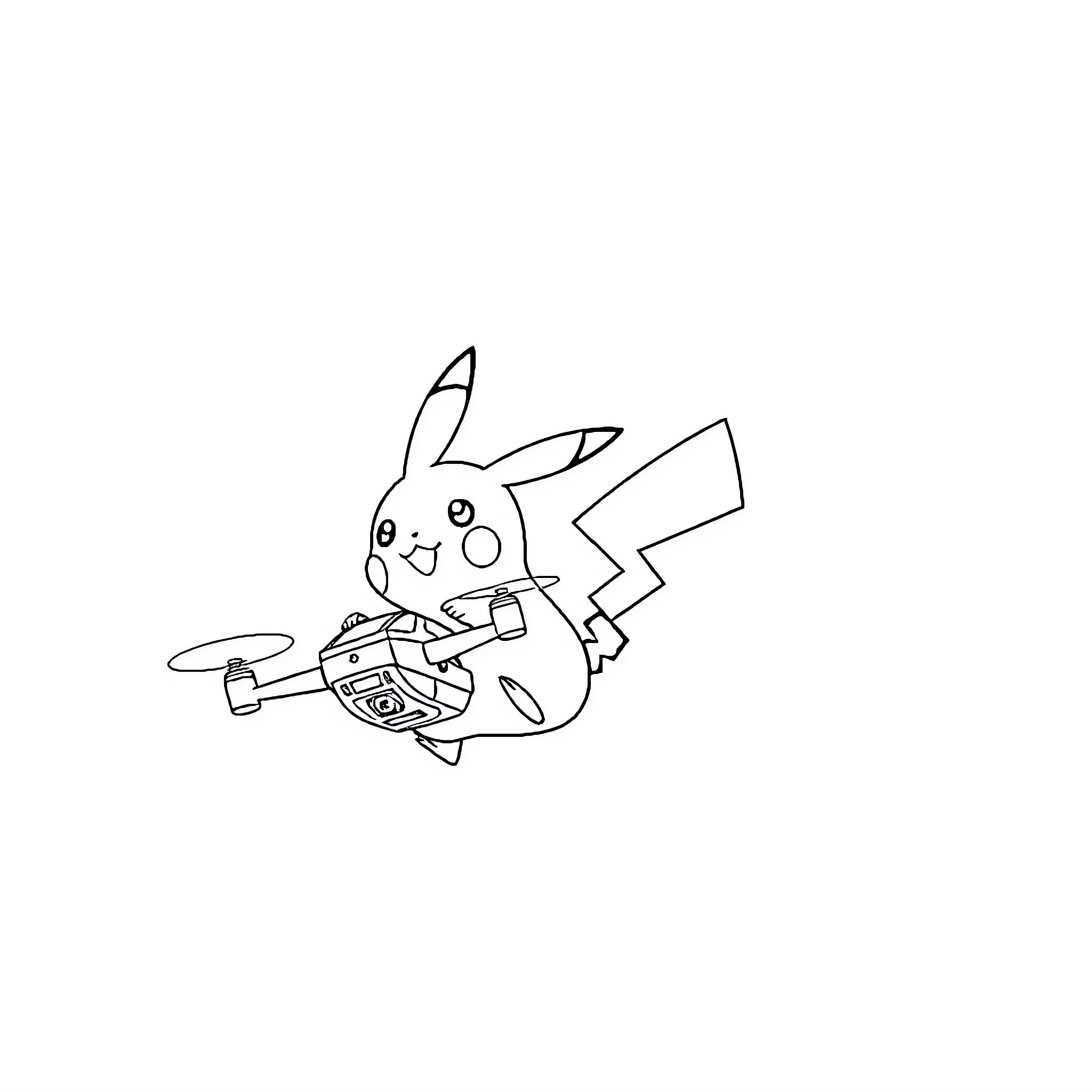 Pikachu flying a drone happily Coloring Page (free black-and-white line drawing printable PDF for all, from beginners to advanced learners, including children, teens, adults, and seniors)