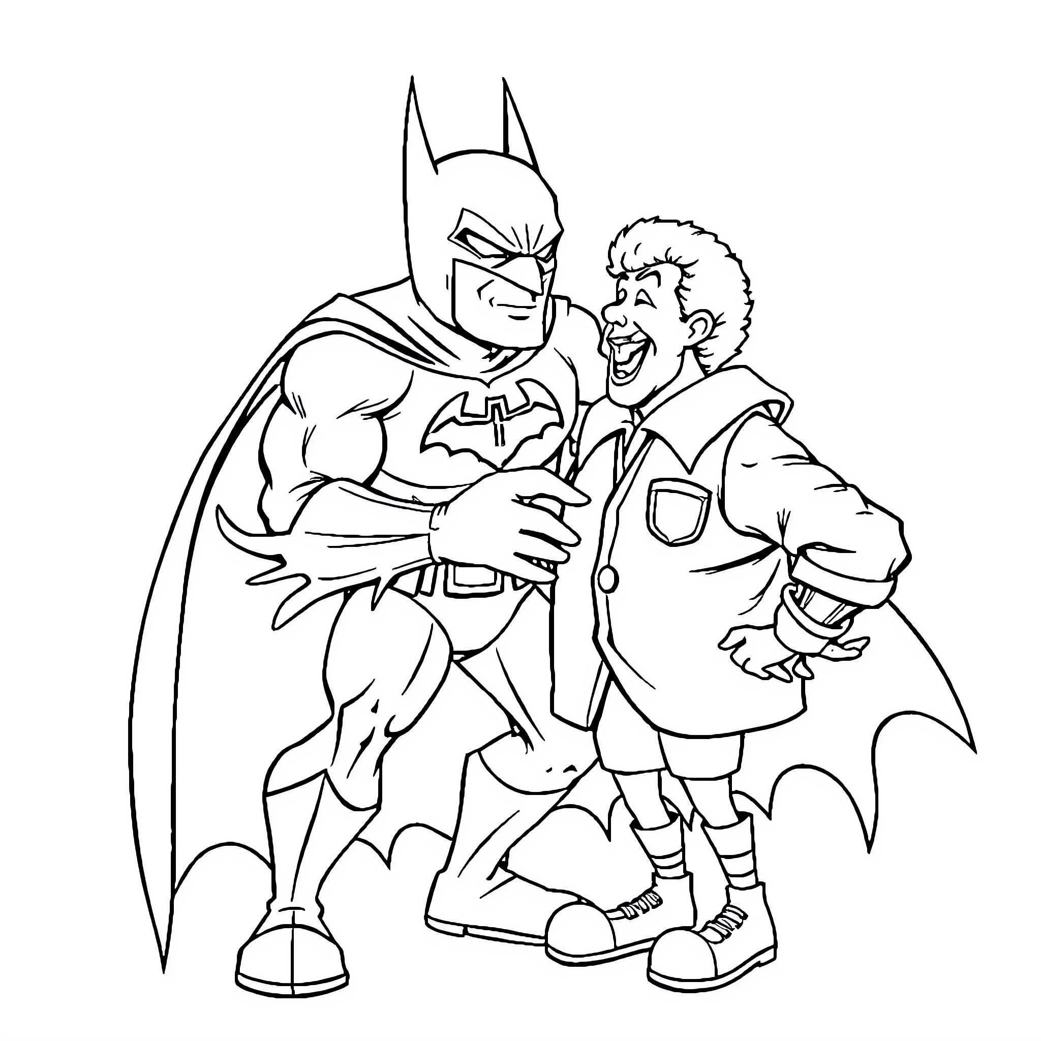 Batman and his sidekick in an action-packed adventure Coloring Page (free black-and-white line drawing printable PDF for all, from beginners to advanced learners, including children, teens, adults, and seniors)