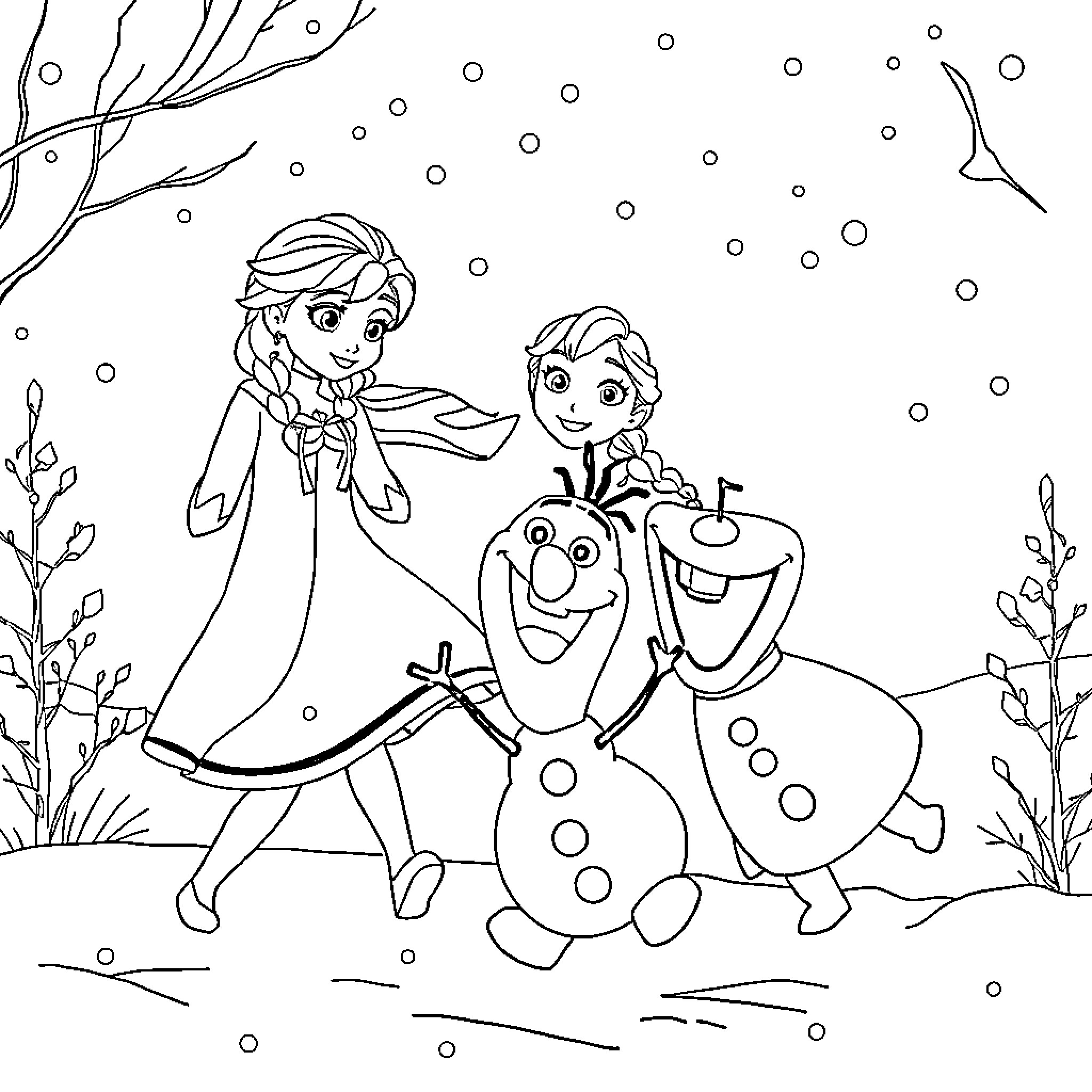 Elsa and Anna playing in the snowy winter wonderland Coloring Page (free black-and-white line drawing printable PDF for all, from beginners to advanced learners, including children, teens, adults, and seniors)