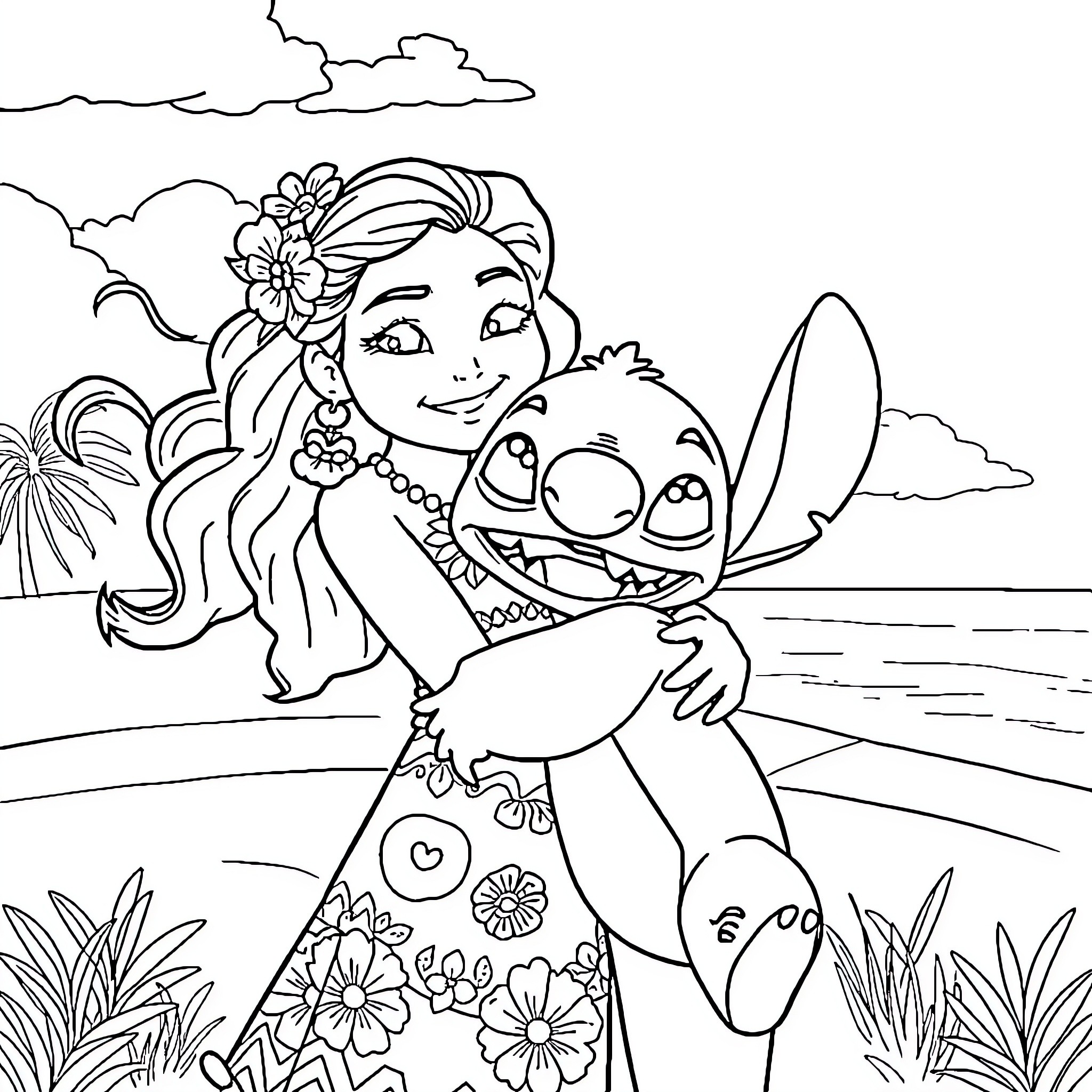 Moana and Stitch on a tropical beach Coloring Page (free black-and-white line drawing printable PDF for all, from beginners to advanced learners, including children, teens, adults, and seniors)