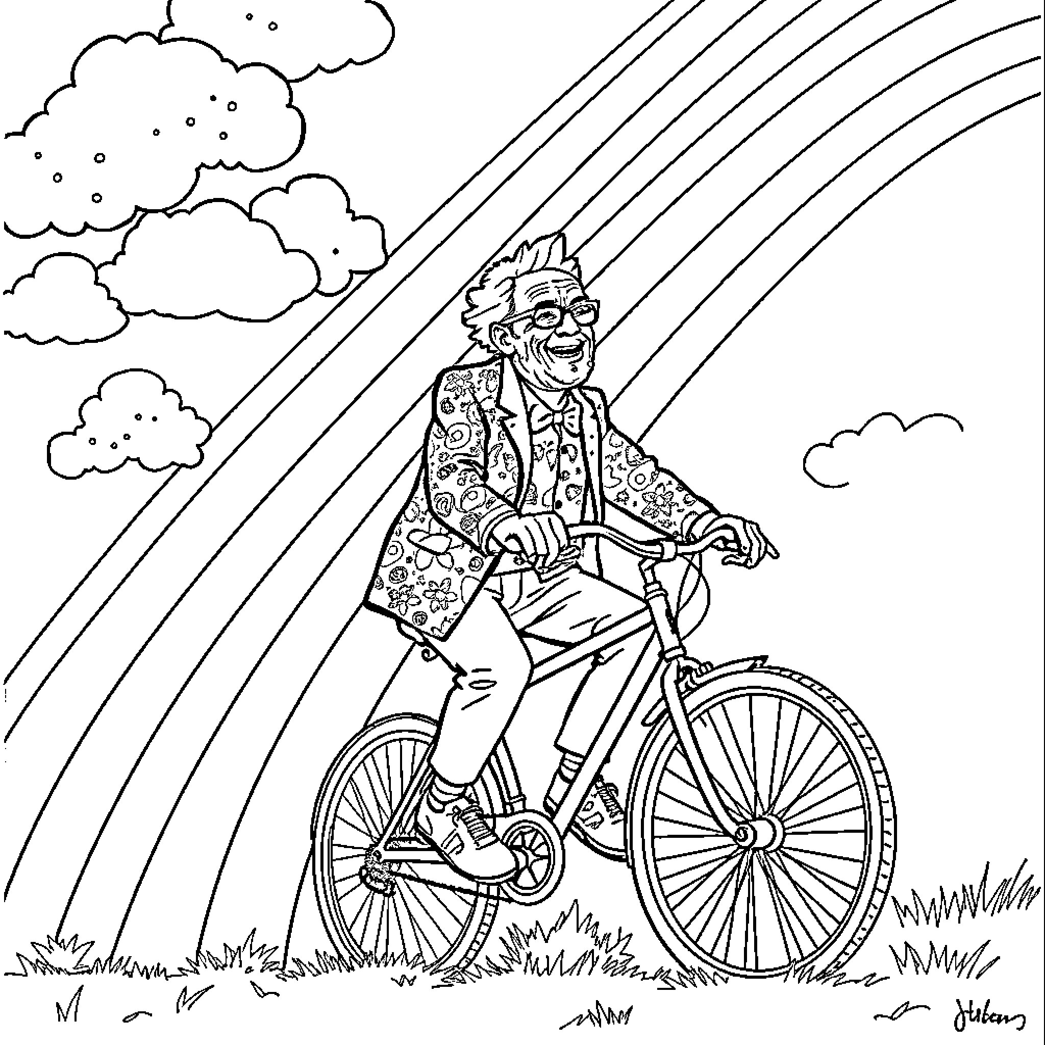 Albert Hoffman riding a bicycle in a whimsical setting Coloring Page (free black-and-white line drawing printable PDF for all, from beginners to advanced learners, including children, teens, adults, and seniors)