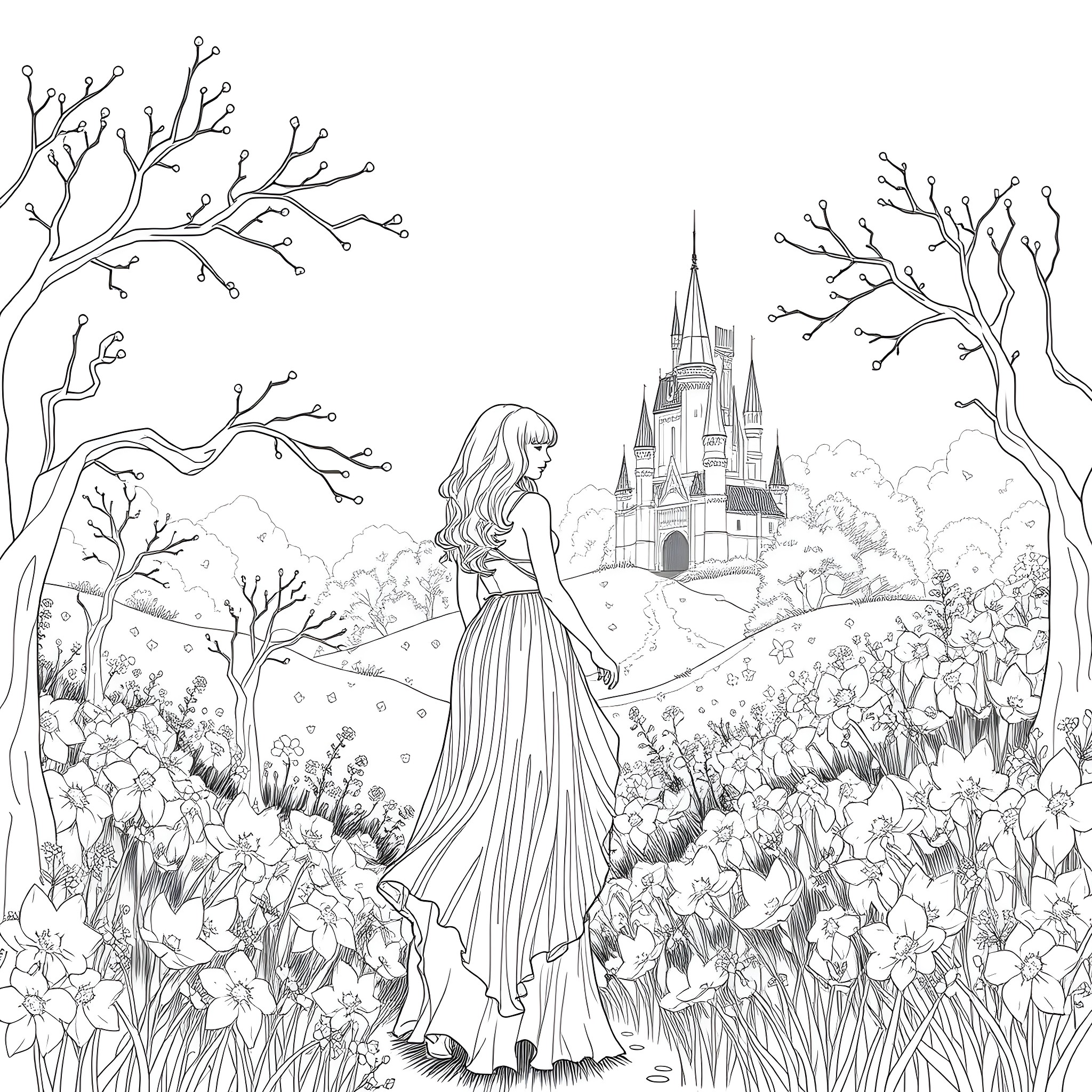 Taylor Swift in a Fairytale Landscape Coloring Page (free black-and-white line drawing printable PDF for all, from beginners to advanced learners, including children, teens, adults, and seniors)