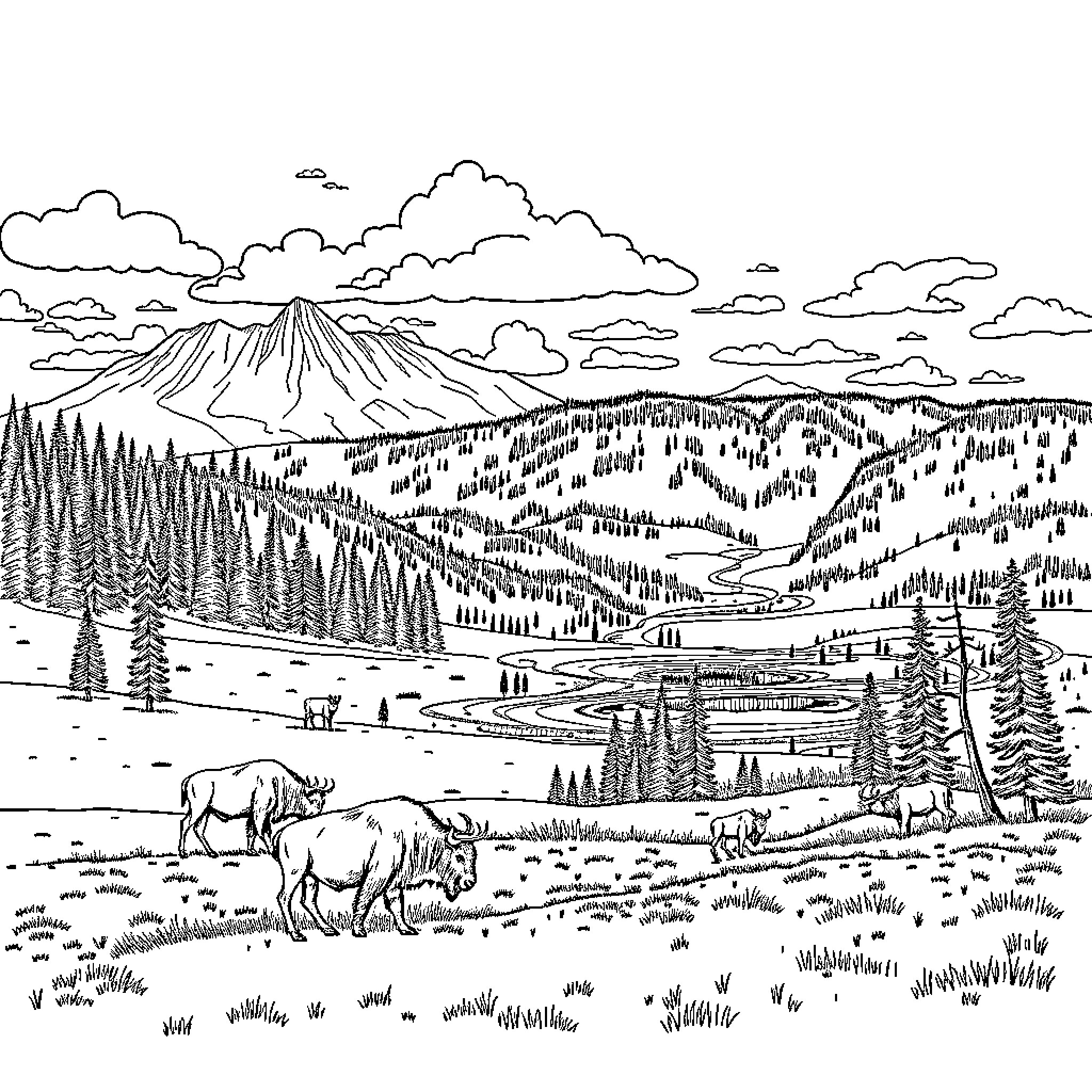 Yellowstone National Park Landscape with Wildlife Coloring Page (free black-and-white line drawing printable PDF for all, from beginners to advanced learners, including children, teens, adults, and seniors)