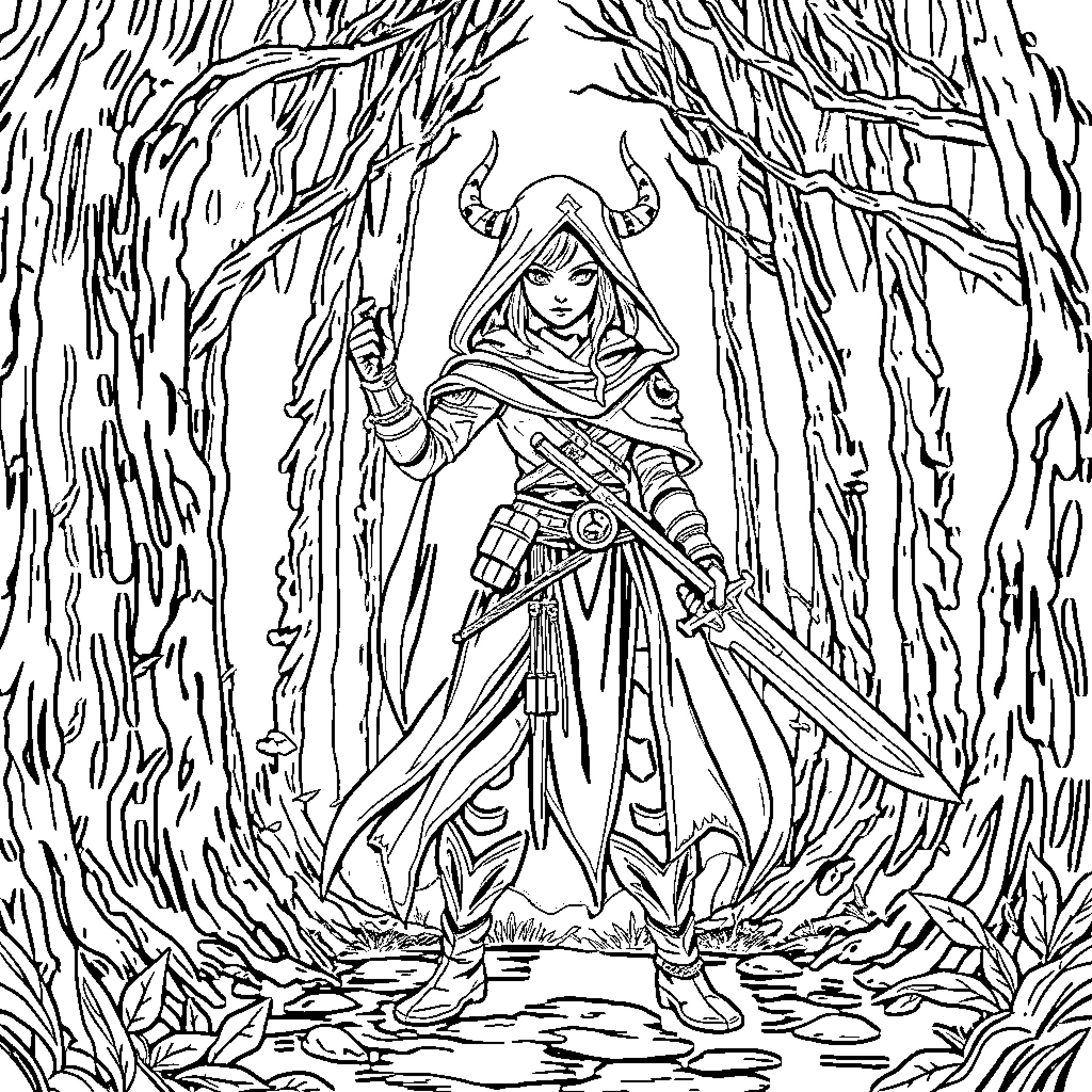 Rumi - Warrior Maiden in Enchanted Forest Coloring Page (free black-and-white line drawing printable PDF for all, from beginners to advanced learners, including children, teens, adults, and seniors)