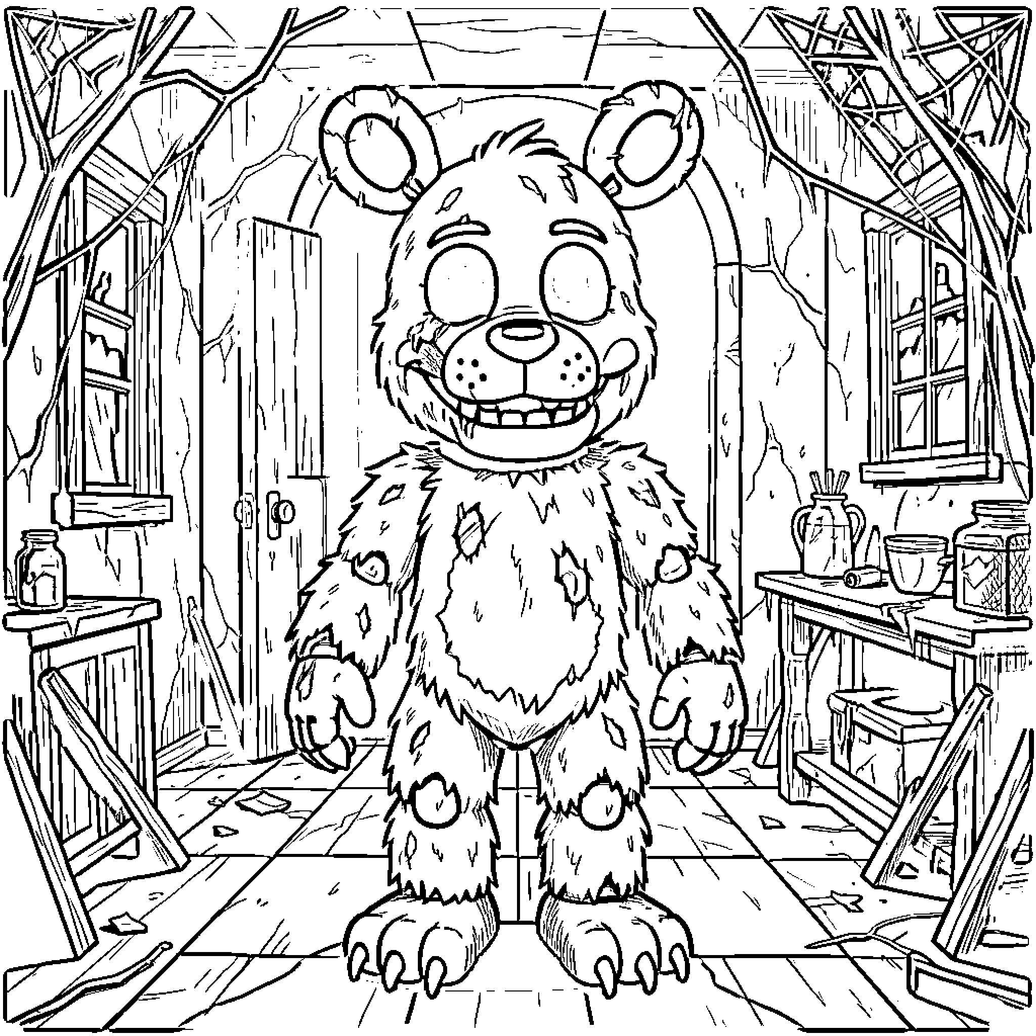 Withered Bonnie in a Dilapidated Environment Coloring Page (free black-and-white line drawing printable PDF for all, from beginners to advanced learners, including children, teens, adults, and seniors)