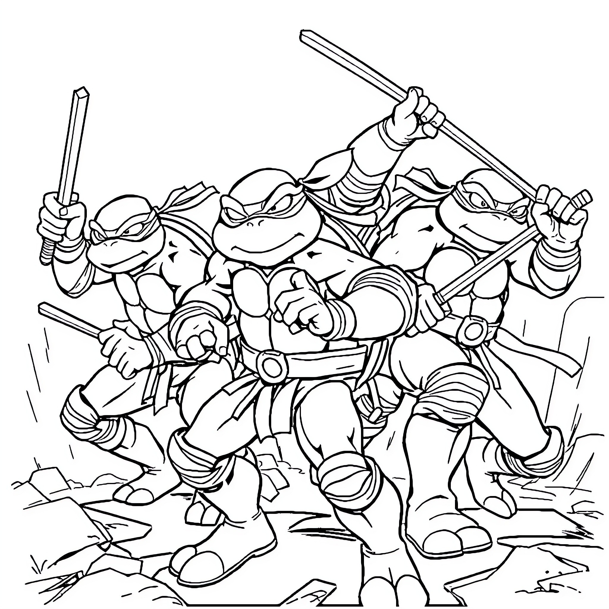 Ninja Turtles engaged in intense combat Coloring Page (free black-and-white line drawing printable PDF for all, from beginners to advanced learners, including children, teens, adults, and seniors)