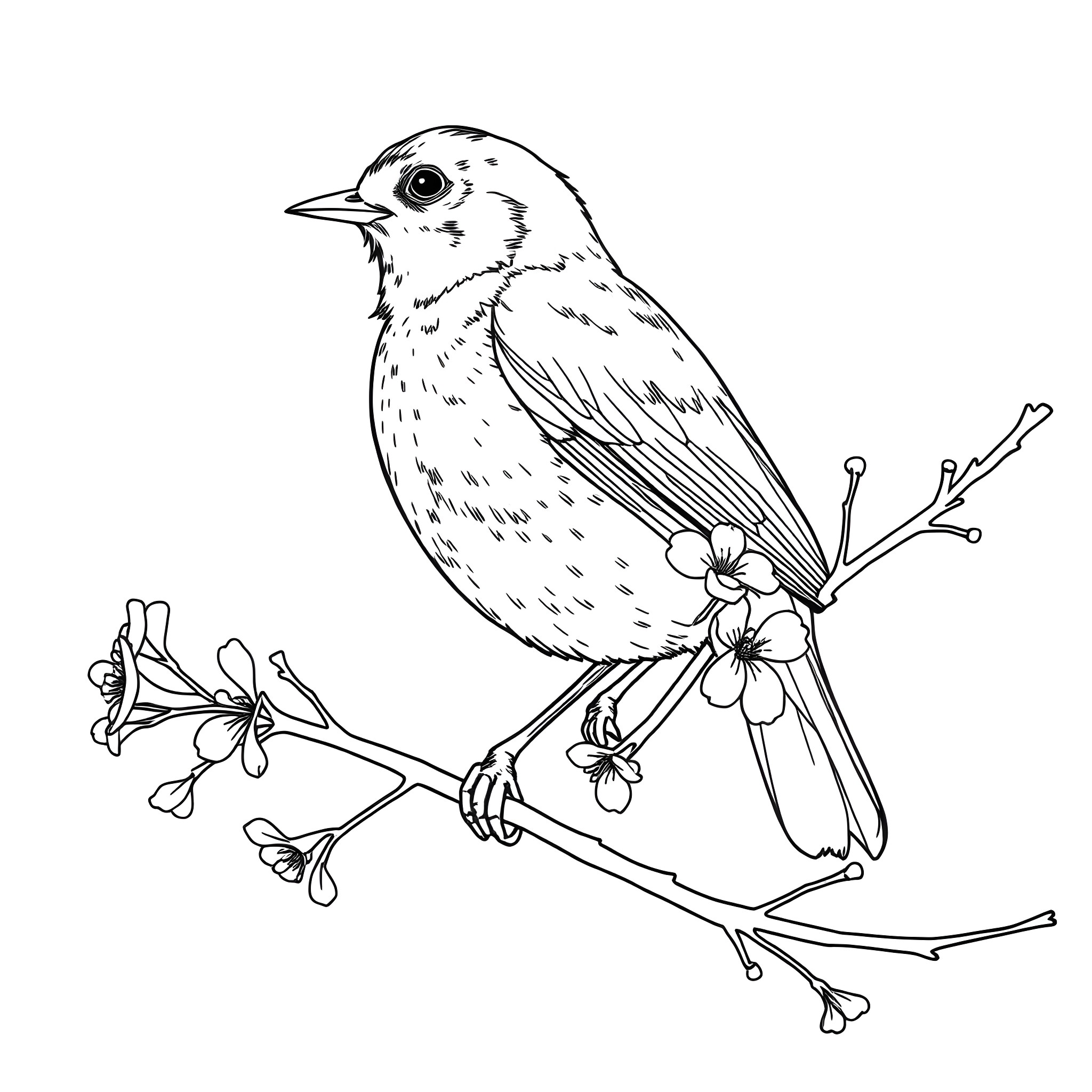 Robin perching on a branch with blossoms Coloring Page (free black-and-white line drawing printable PDF for all, from beginners to advanced learners, including children, teens, adults, and seniors)