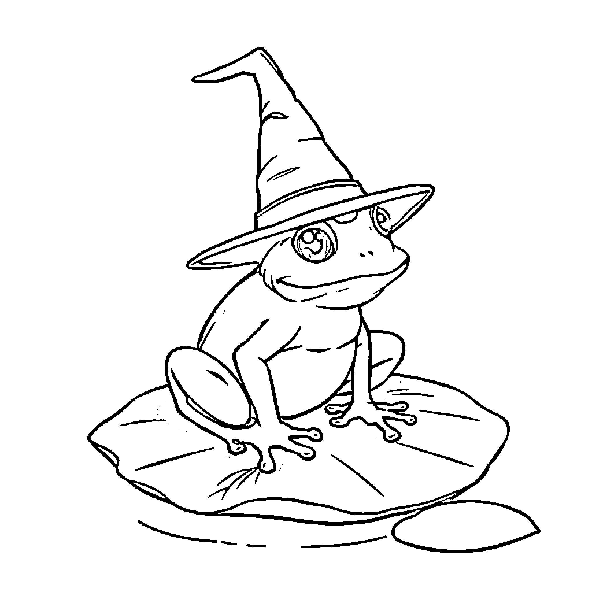 Frog in a wizard hat on a lily pad Coloring Page (free black-and-white line drawing printable PDF for all, from beginners to advanced learners, including children, teens, adults, and seniors)