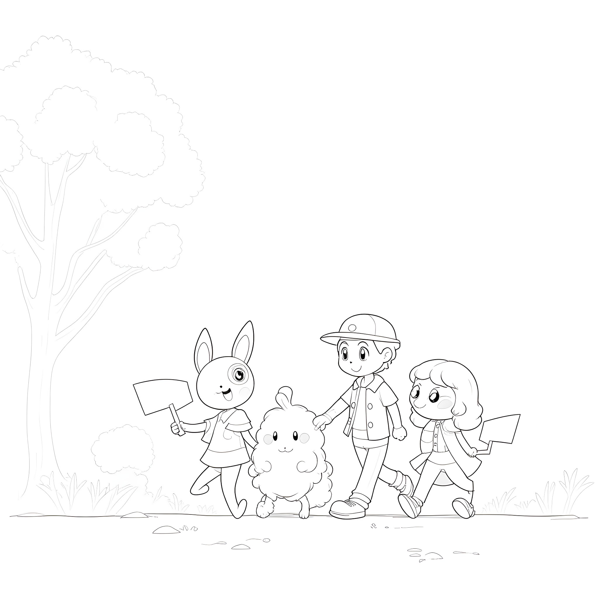 Pokémon characters on an adventure Coloring Page (free black-and-white line drawing printable PDF for all, from beginners to advanced learners, including children, teens, adults, and seniors)