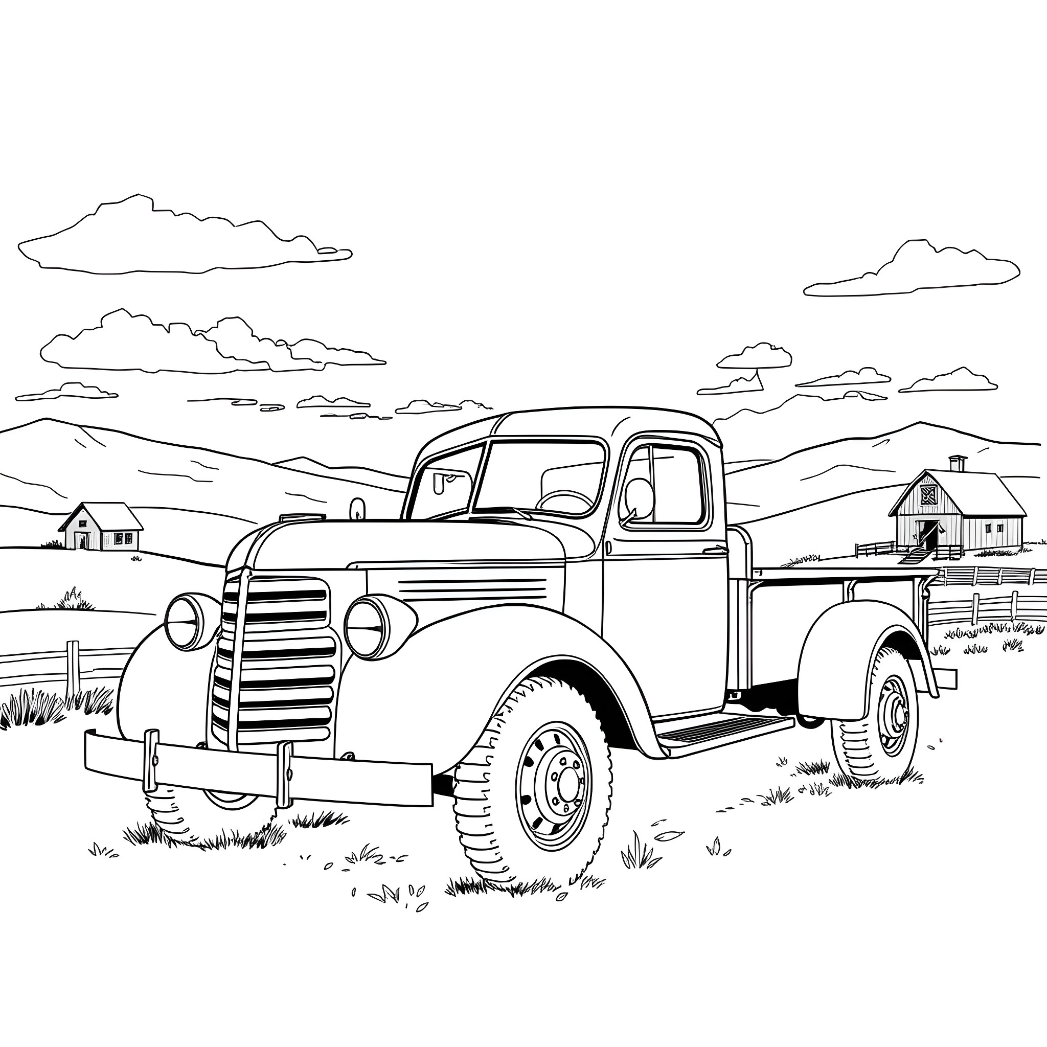 Truck parked in a rural countryside scene Coloring Page (free black-and-white line drawing printable PDF for all, from beginners to advanced learners, including children, teens, adults, and seniors)