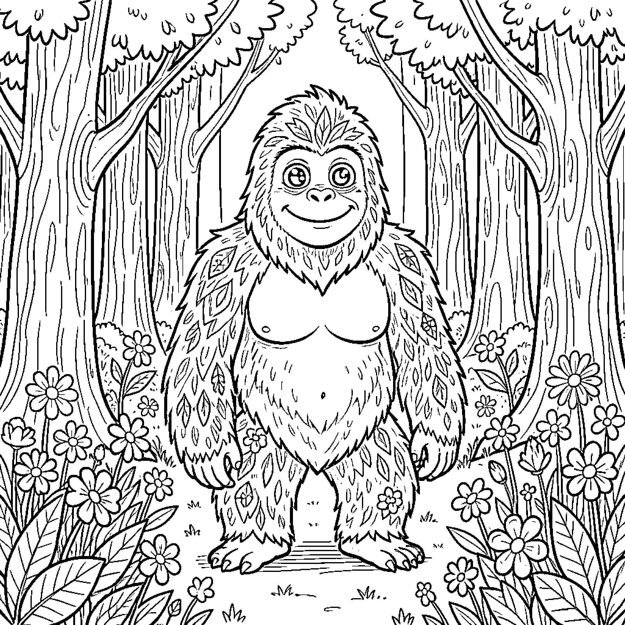 Sasquatch enjoying a floral forest setting Coloring Page (free black-and-white line drawing printable PDF for all, from beginners to advanced learners, including children, teens, adults, and seniors)