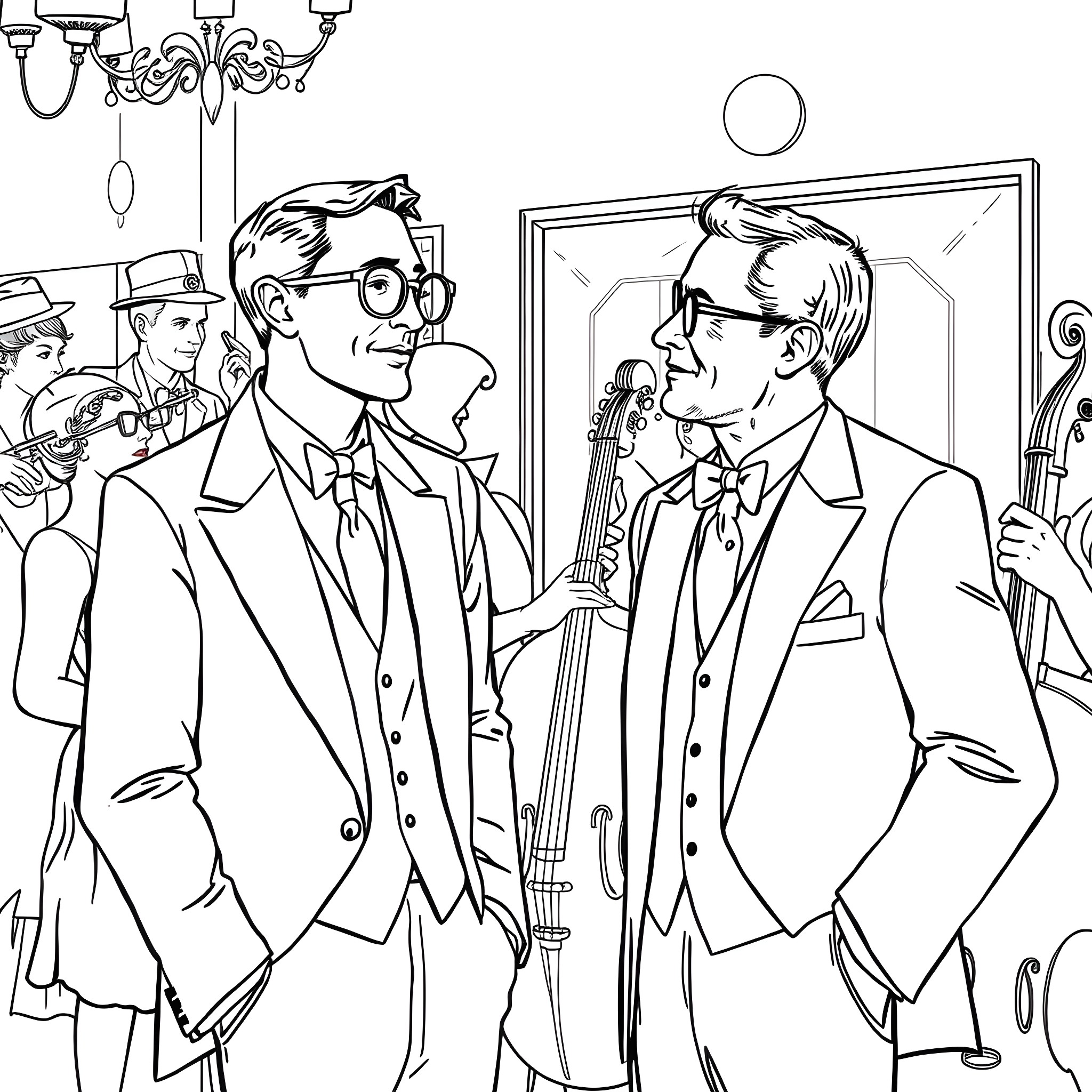 Man in formal attire engaged in conversation Coloring Page (free black-and-white line drawing printable PDF for all, from beginners to advanced learners, including children, teens, adults, and seniors)