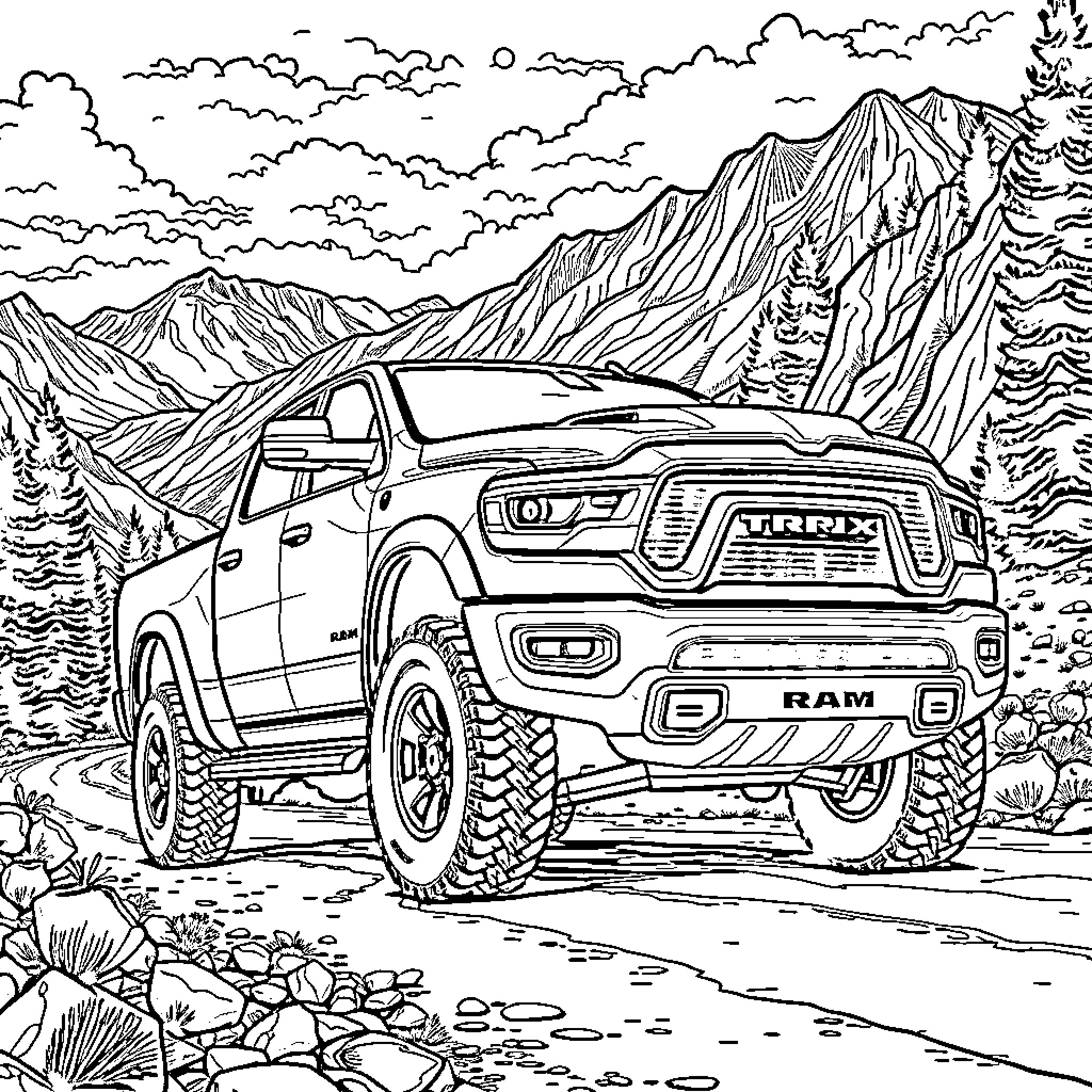 Ram pickup truck exploring rugged mountain terrain Coloring Page (free black-and-white line drawing printable PDF for all, from beginners to advanced learners, including children, teens, adults, and seniors)