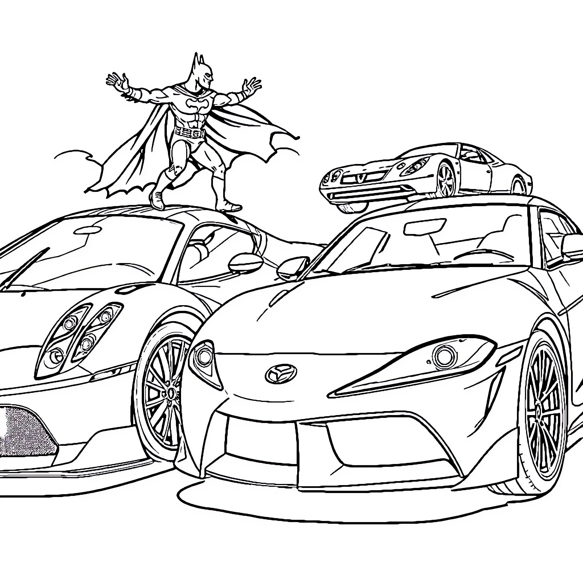 Car race with superhero character Coloring Page (free black-and-white line drawing printable PDF for all, from beginners to advanced learners, including children, teens, adults, and seniors)