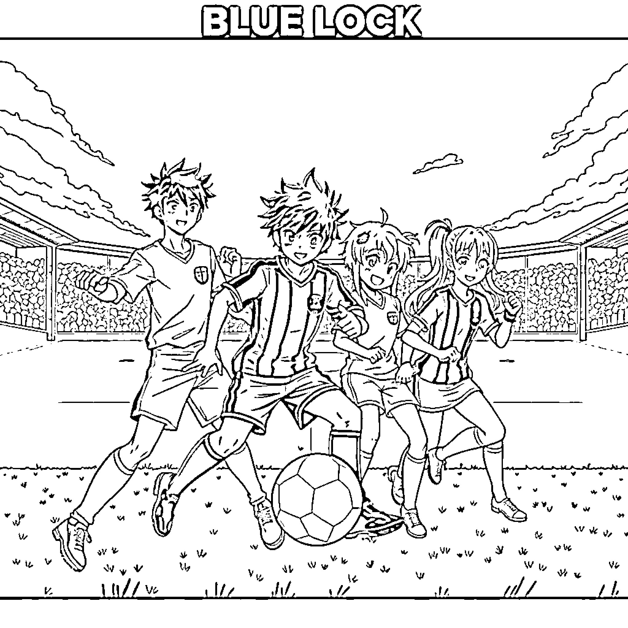 Blue Lock soccer players in an intense match Coloring Page (free black-and-white line drawing printable PDF for all, from beginners to advanced learners, including children, teens, adults, and seniors)