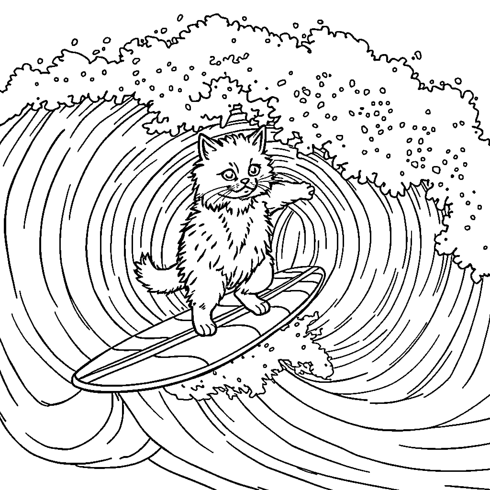Cat surfing in snowy winter storm Coloring Page (free black-and-white line drawing printable PDF for all, from beginners to advanced learners, including children, teens, adults, and seniors)