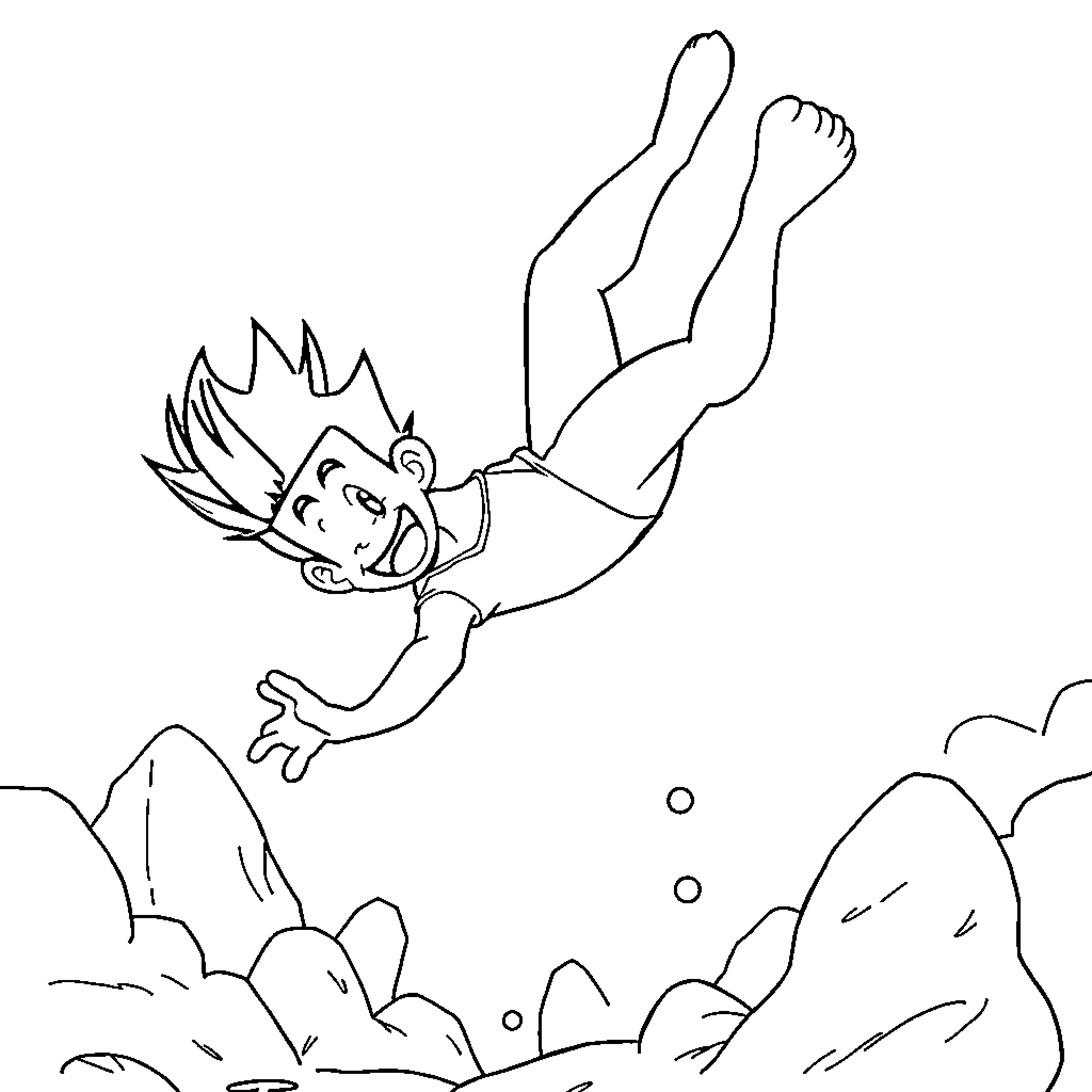 Gon diving into the water Coloring Page (free black-and-white line drawing printable PDF for all, from beginners to advanced learners, including children, teens, adults, and seniors)