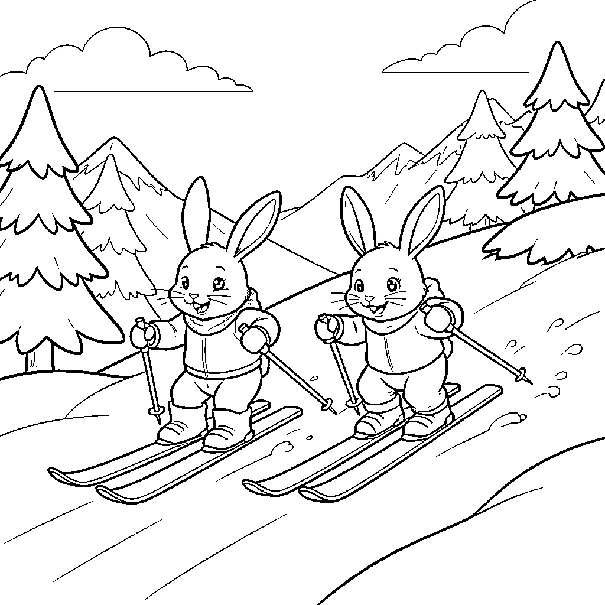 Rabbit Bunnies Skiing Down the Slopes Coloring Page (free black-and-white line drawing printable PDF for all, from beginners to advanced learners, including children, teens, adults, and seniors)