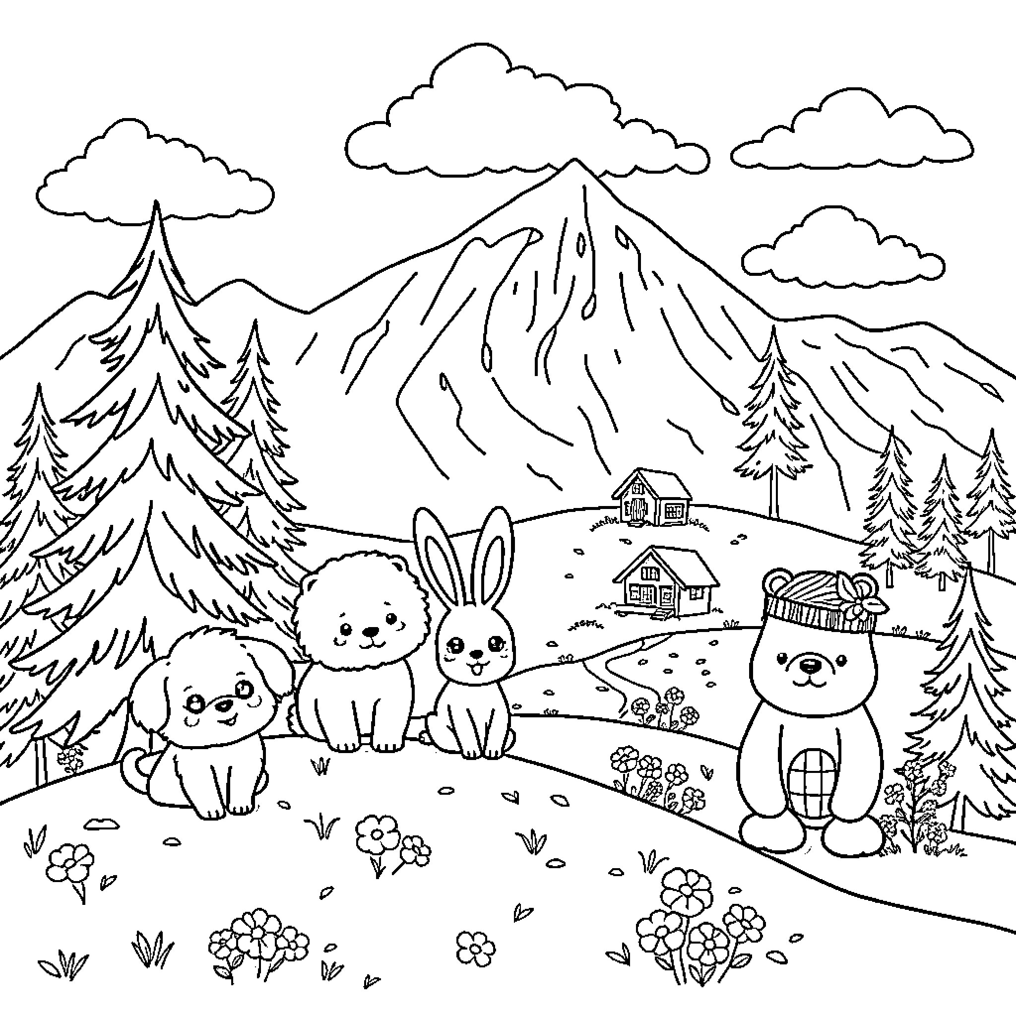 Animal friends explore the mountainous landscape Coloring Page (free black-and-white line drawing printable PDF for all, from beginners to advanced learners, including children, teens, adults, and seniors)