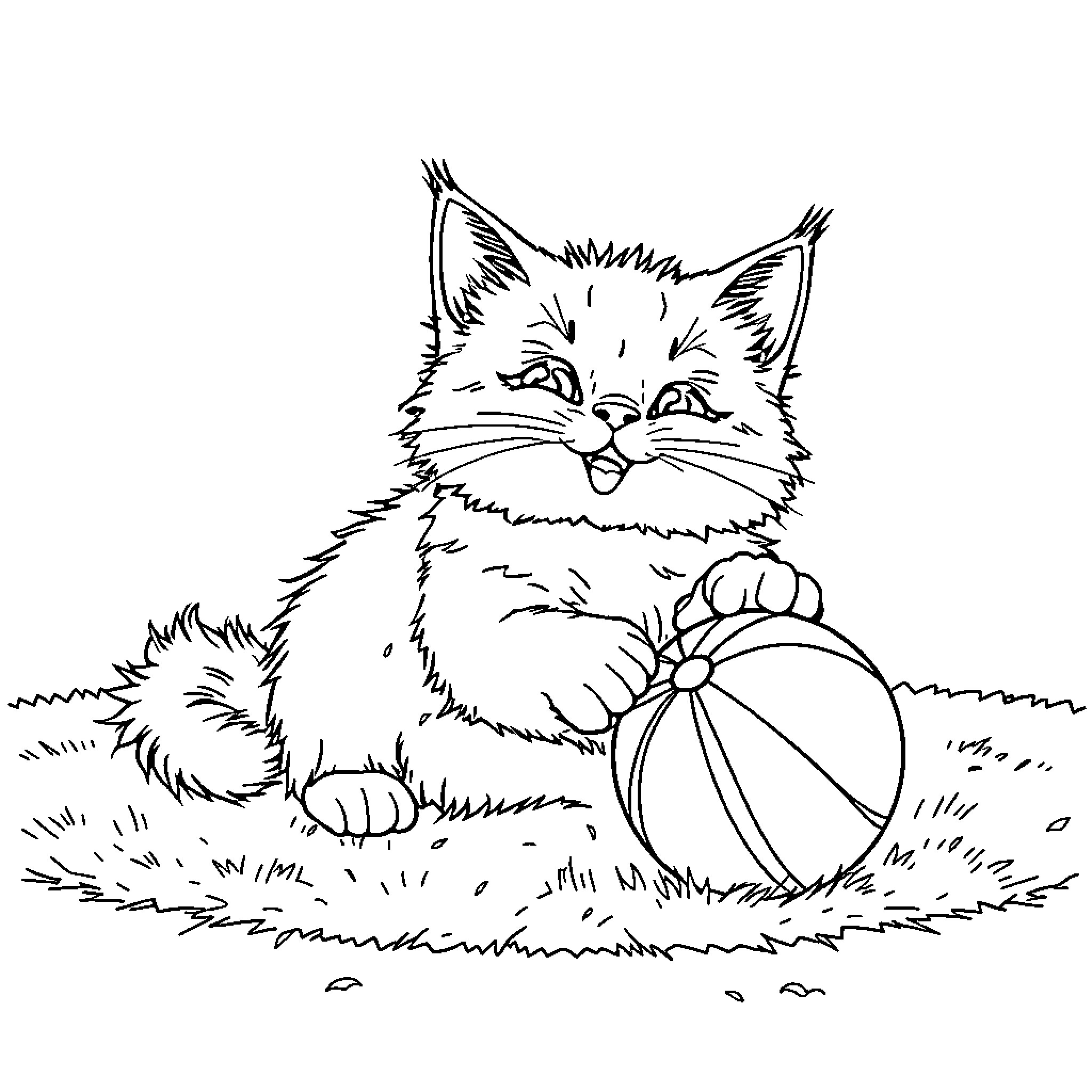 Cat playing with a colorful ball Coloring Page (free black-and-white line drawing printable PDF for all, from beginners to advanced learners, including children, teens, adults, and seniors)