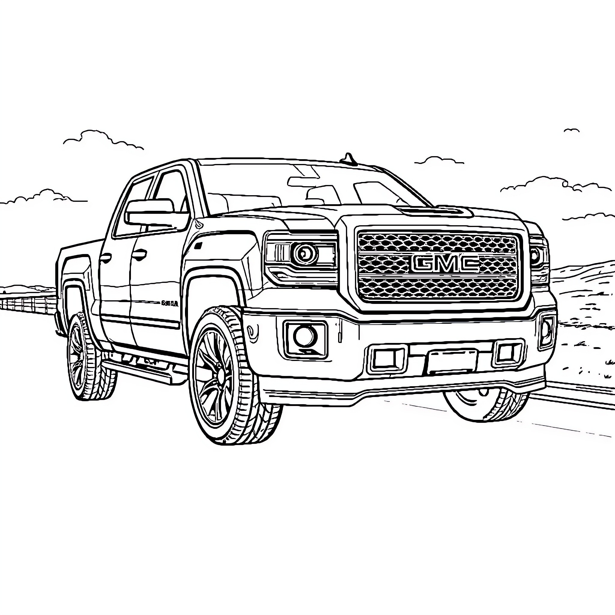Gm Sierra pickup truck on open road Coloring Page (free black-and-white line drawing printable PDF for all, from beginners to advanced learners, including children, teens, adults, and seniors)
