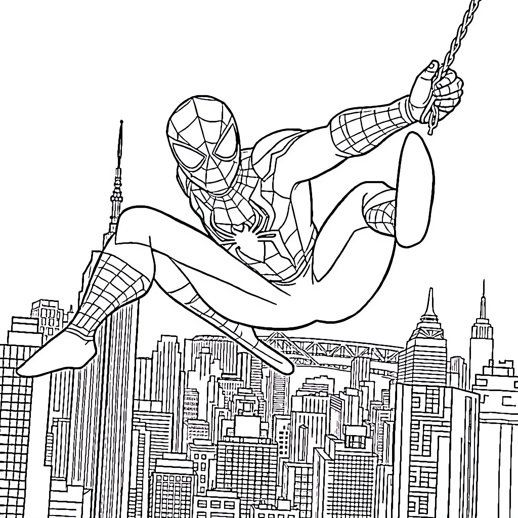 Spiderman swinging through the city skyline Coloring Page (free black-and-white line drawing printable PDF for all, from beginners to advanced learners, including children, teens, adults, and seniors)