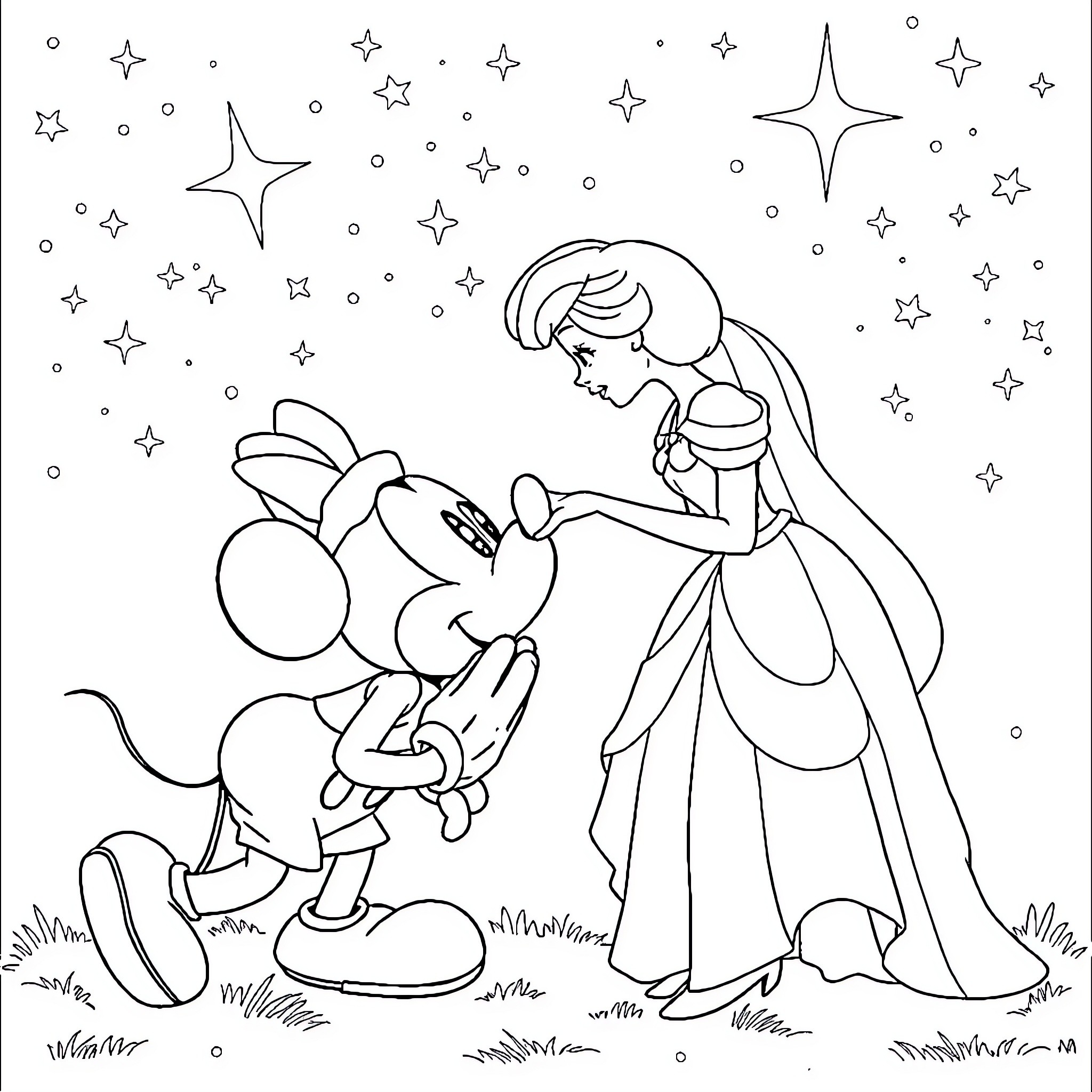 Mickey Mouse and Princess Enchanting the Night Sky Coloring Page (free black-and-white line drawing printable PDF for all, from beginners to advanced learners, including children, teens, adults, and seniors)