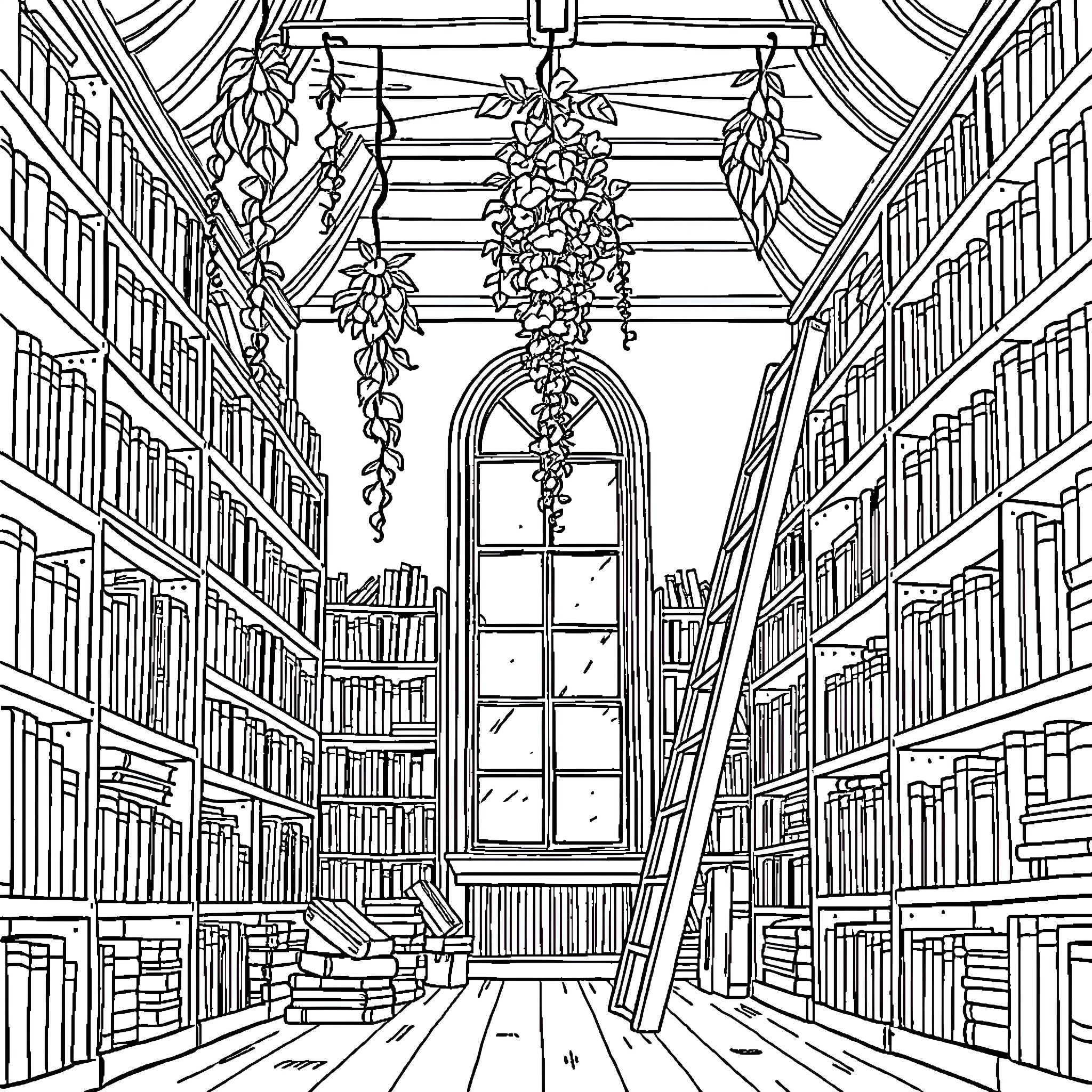 Library of books and plants in a grand interior Coloring Page (free black-and-white line drawing printable PDF for all, from beginners to advanced learners, including children, teens, adults, and seniors)