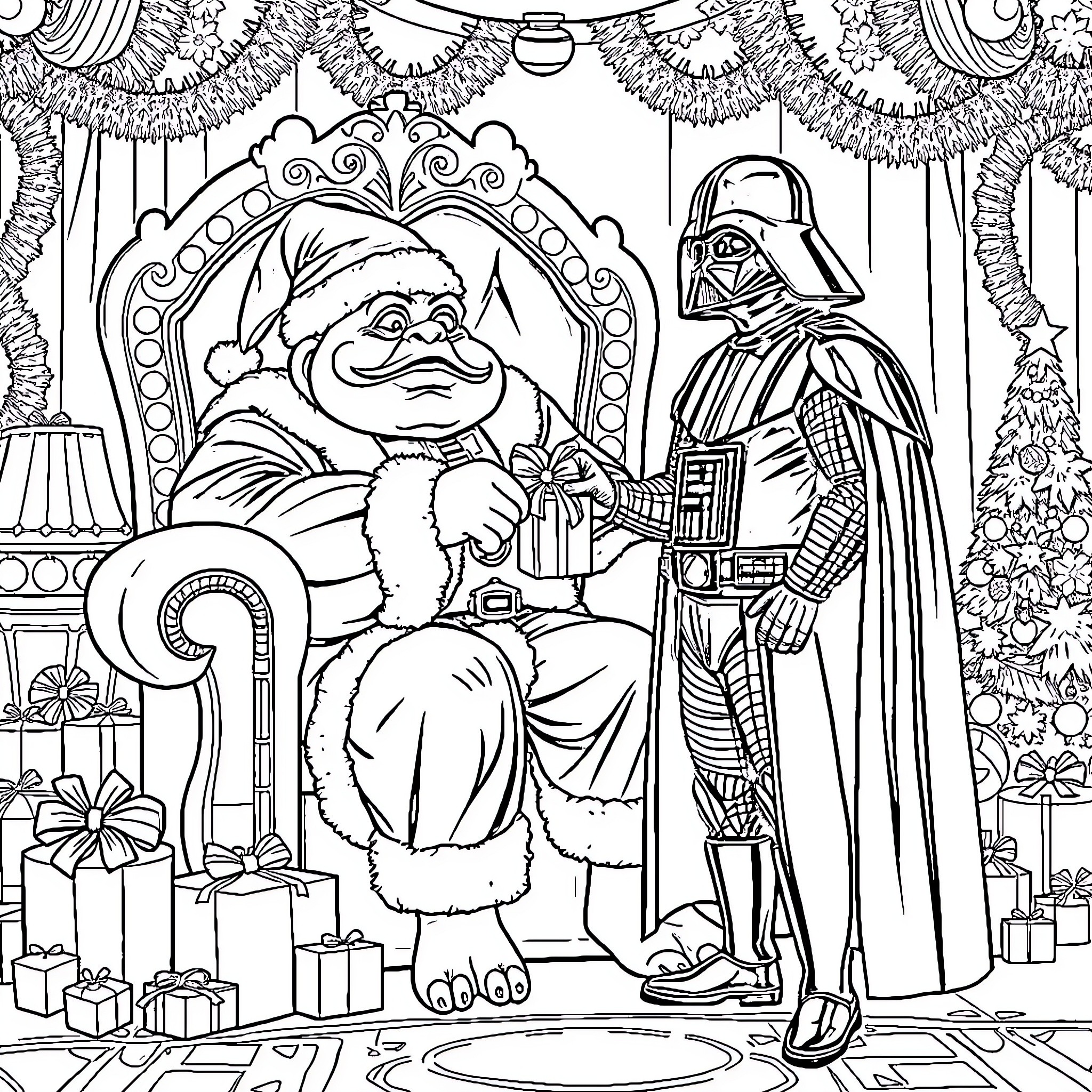 Jabba the Hutt entertaining Darth Vader with holiday festivities Coloring Page (free black-and-white line drawing printable PDF for all, from beginners to advanced learners, including children, teens, adults, and seniors)