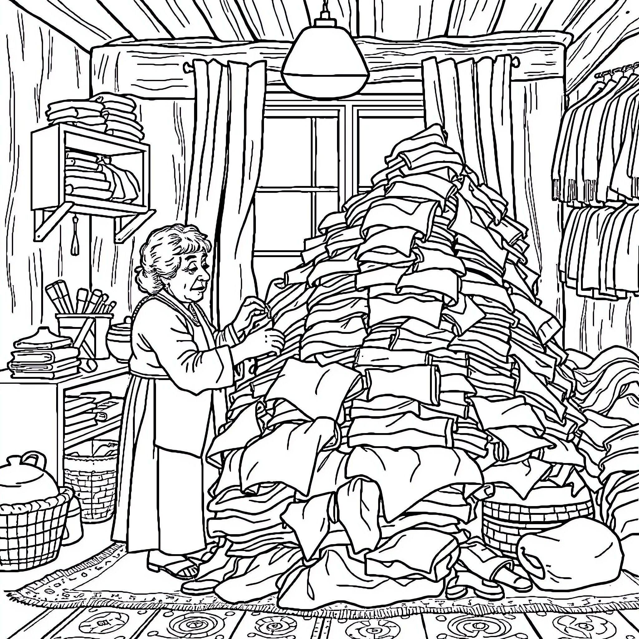 Lady organizing and sorting clothes in her cluttered room Coloring Page (free black-and-white line drawing printable PDF for all, from beginners to advanced learners, including children, teens, adults, and seniors)