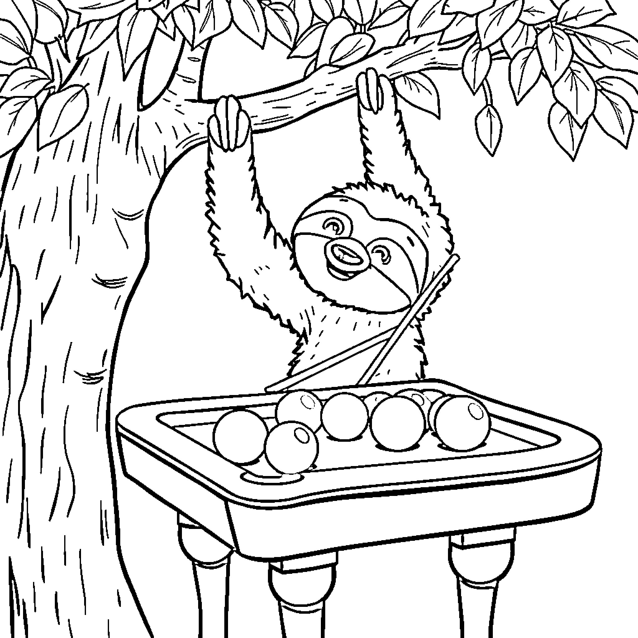 Sloth enjoying a snack on a tree branch Coloring Page (free black-and-white line drawing printable PDF for all, from beginners to advanced learners, including children, teens, adults, and seniors)