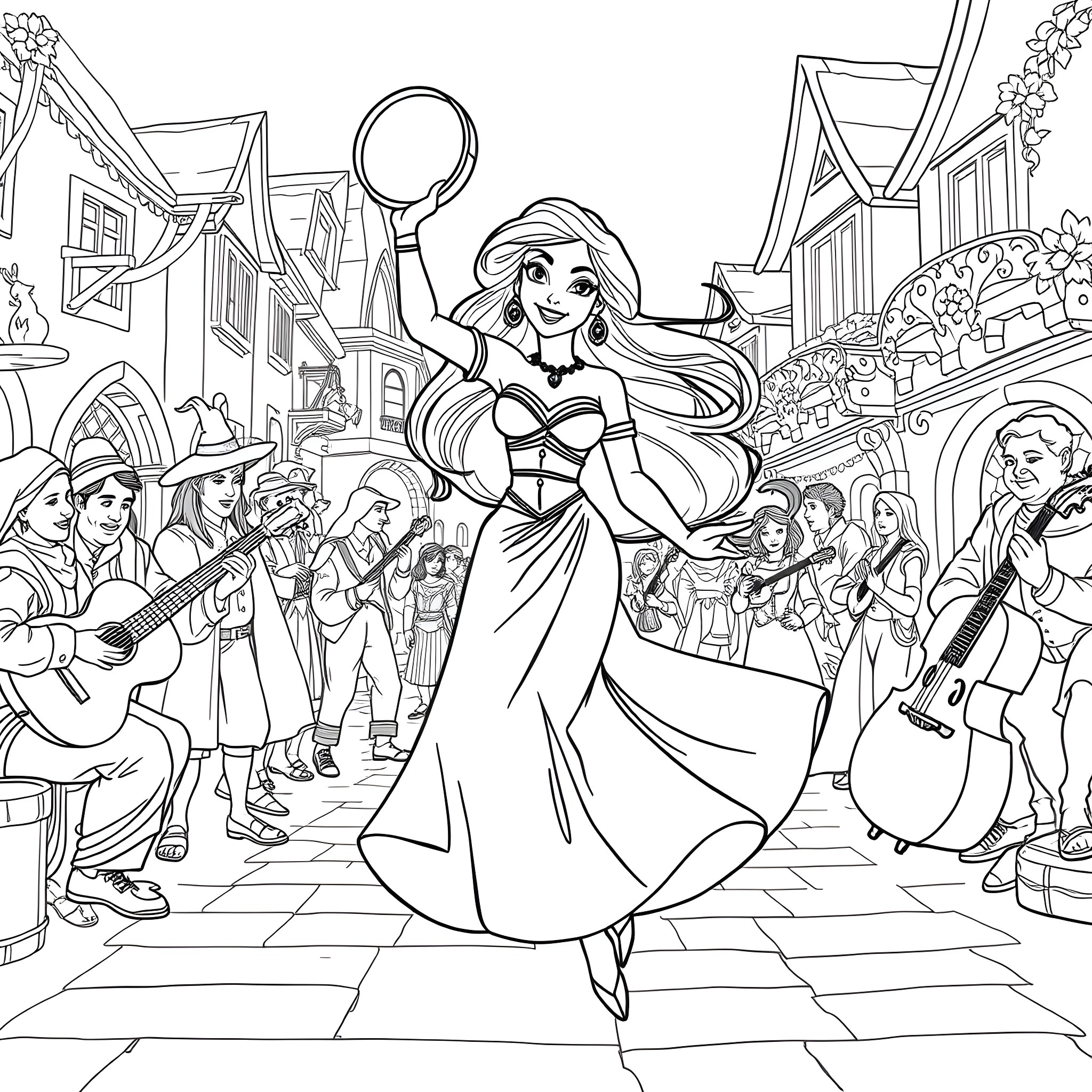 Esmeralda's Captivating Dance in the Vibrant Town Square Coloring Page (free black-and-white line drawing printable PDF for all, from beginners to advanced learners, including children, teens, adults, and seniors)