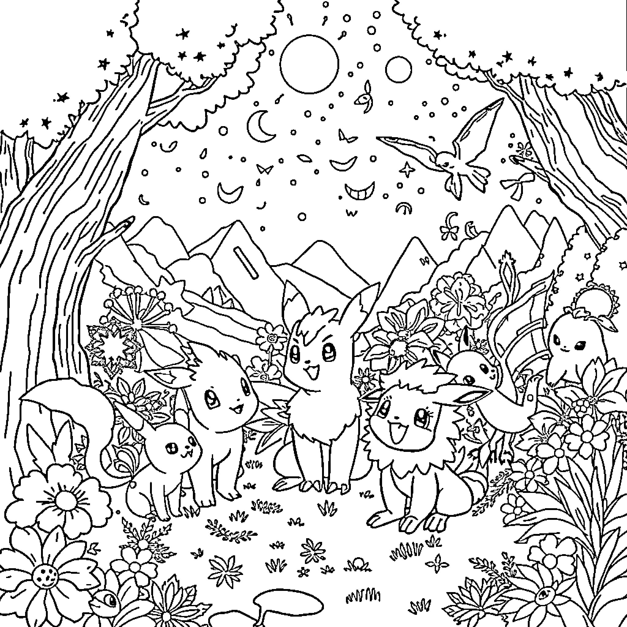 Pokémon adorable creatures exploring magical landscape Coloring Page (free black-and-white line drawing printable PDF for all, from beginners to advanced learners, including children, teens, adults, and seniors)