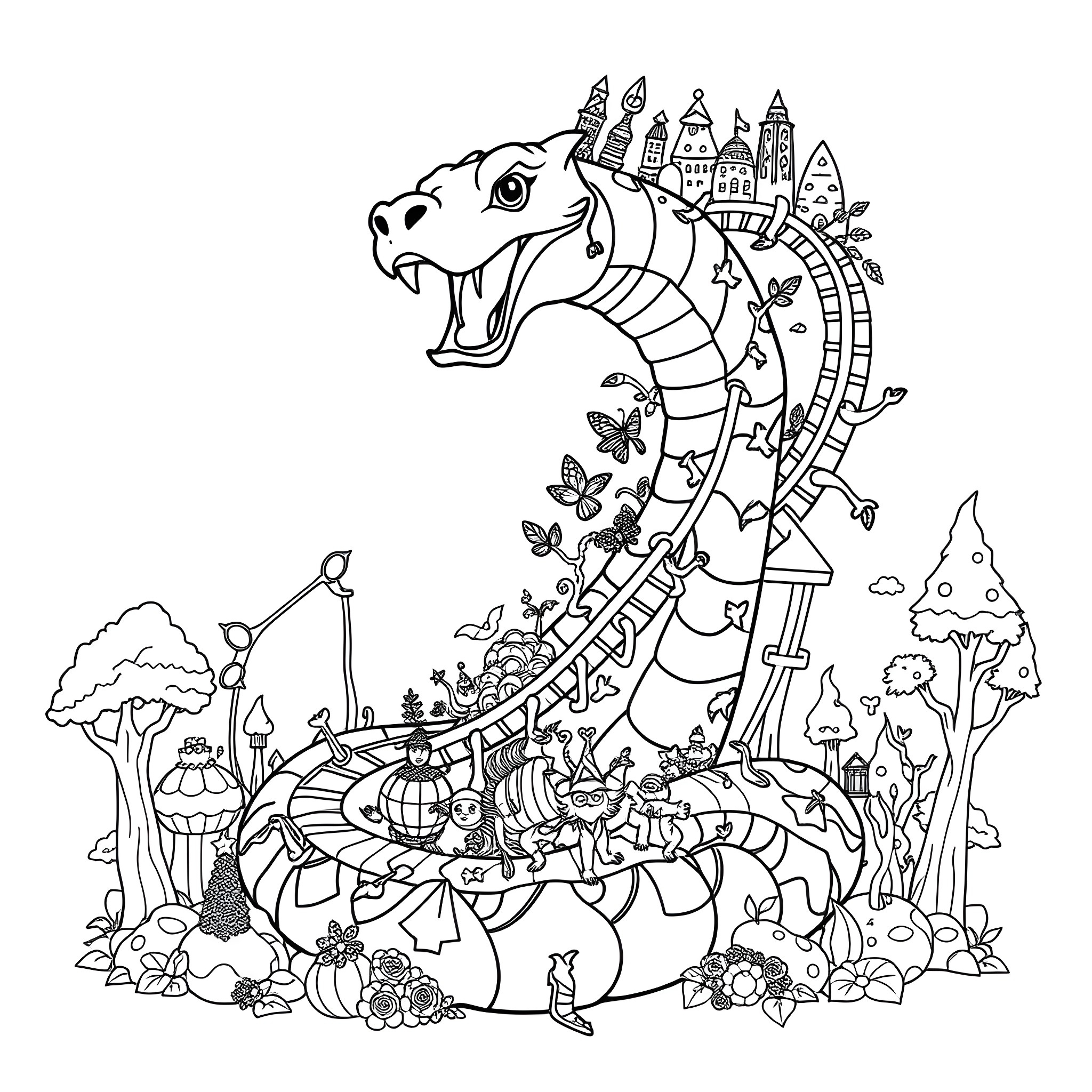 Python Mythical Creature in Whimsical Landscape Coloring Page (free black-and-white line drawing printable PDF for all, from beginners to advanced learners, including children, teens, adults, and seniors)