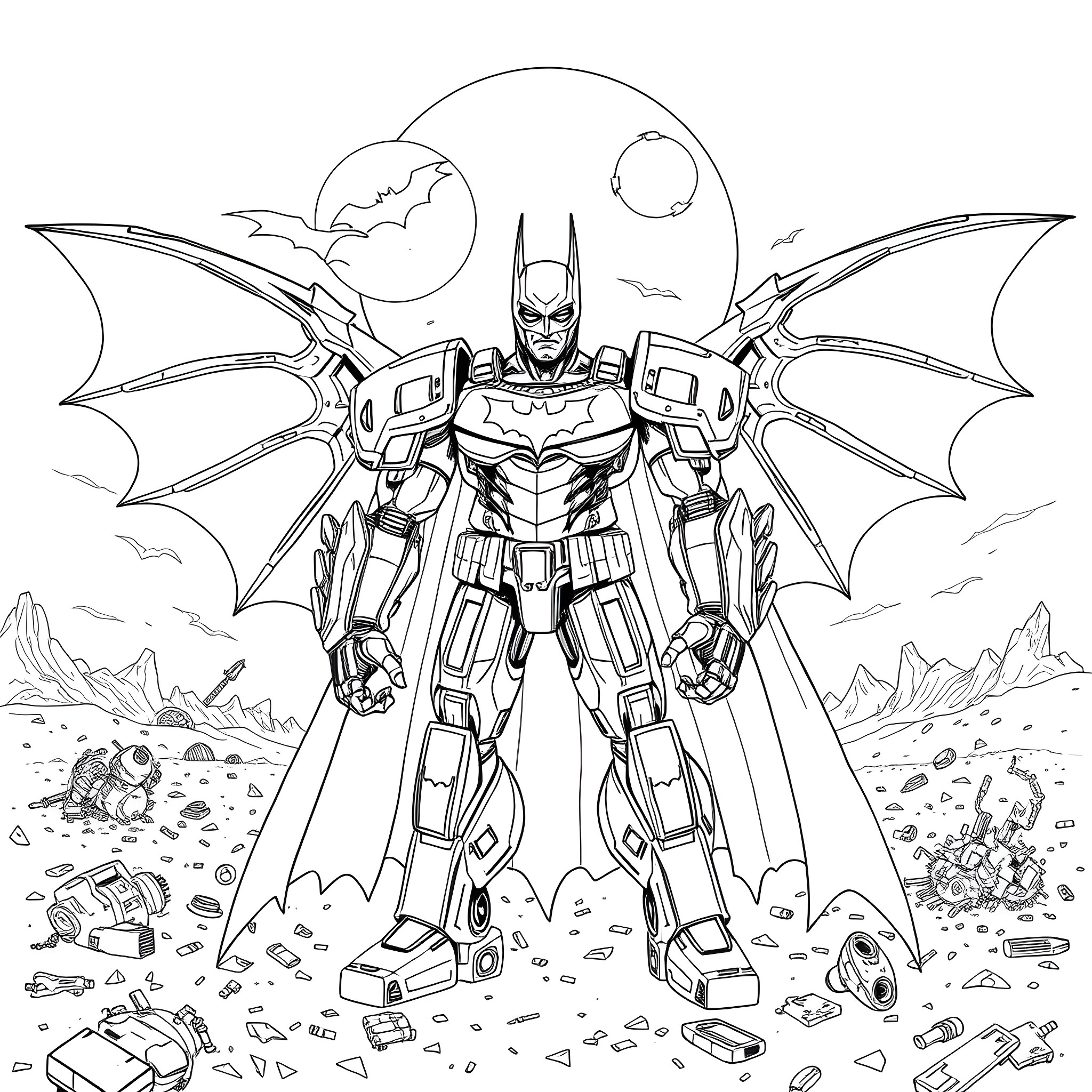 Mecha Batman standing heroically among destruction Coloring Page (free black-and-white line drawing printable PDF for all, from beginners to advanced learners, including children, teens, adults, and seniors)
