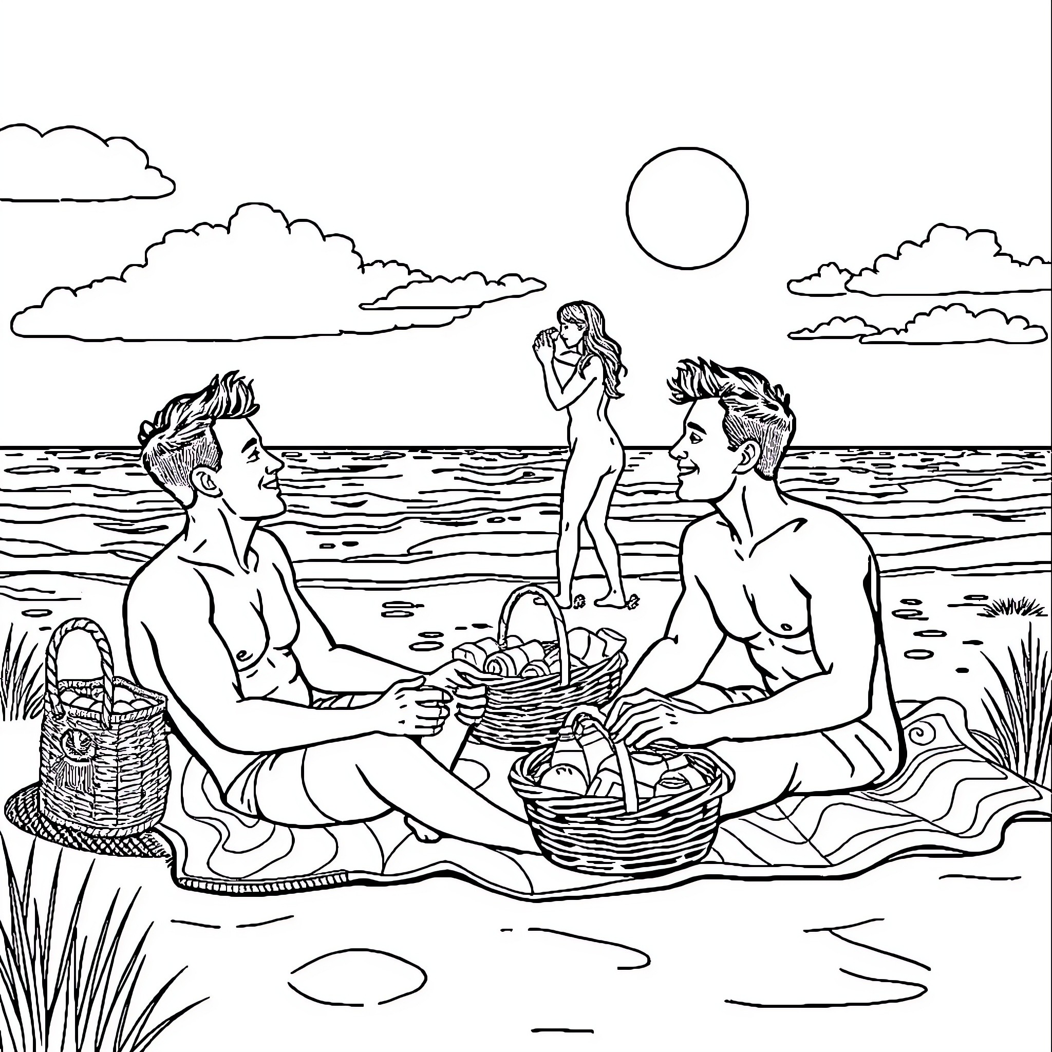 Man enjoys a beach picnic with friends Coloring Page (free black-and-white line drawing printable PDF for all, from beginners to advanced learners, including children, teens, adults, and seniors)