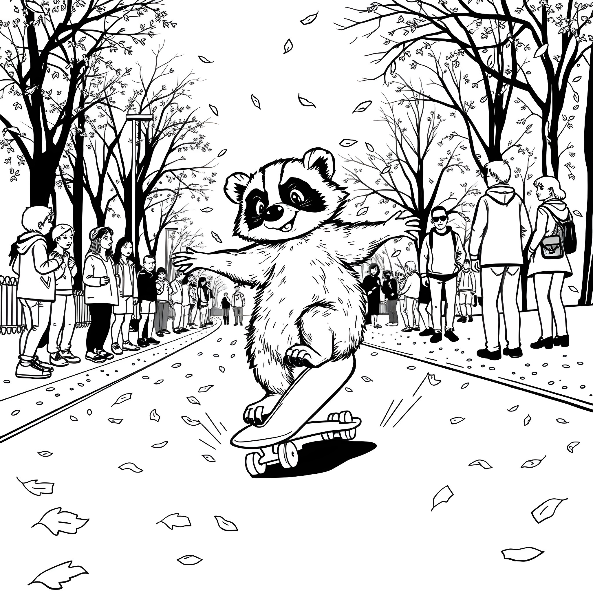 Badger riding skateboard in autumn park Coloring Page (free black-and-white line drawing printable PDF for all, from beginners to advanced learners, including children, teens, adults, and seniors)