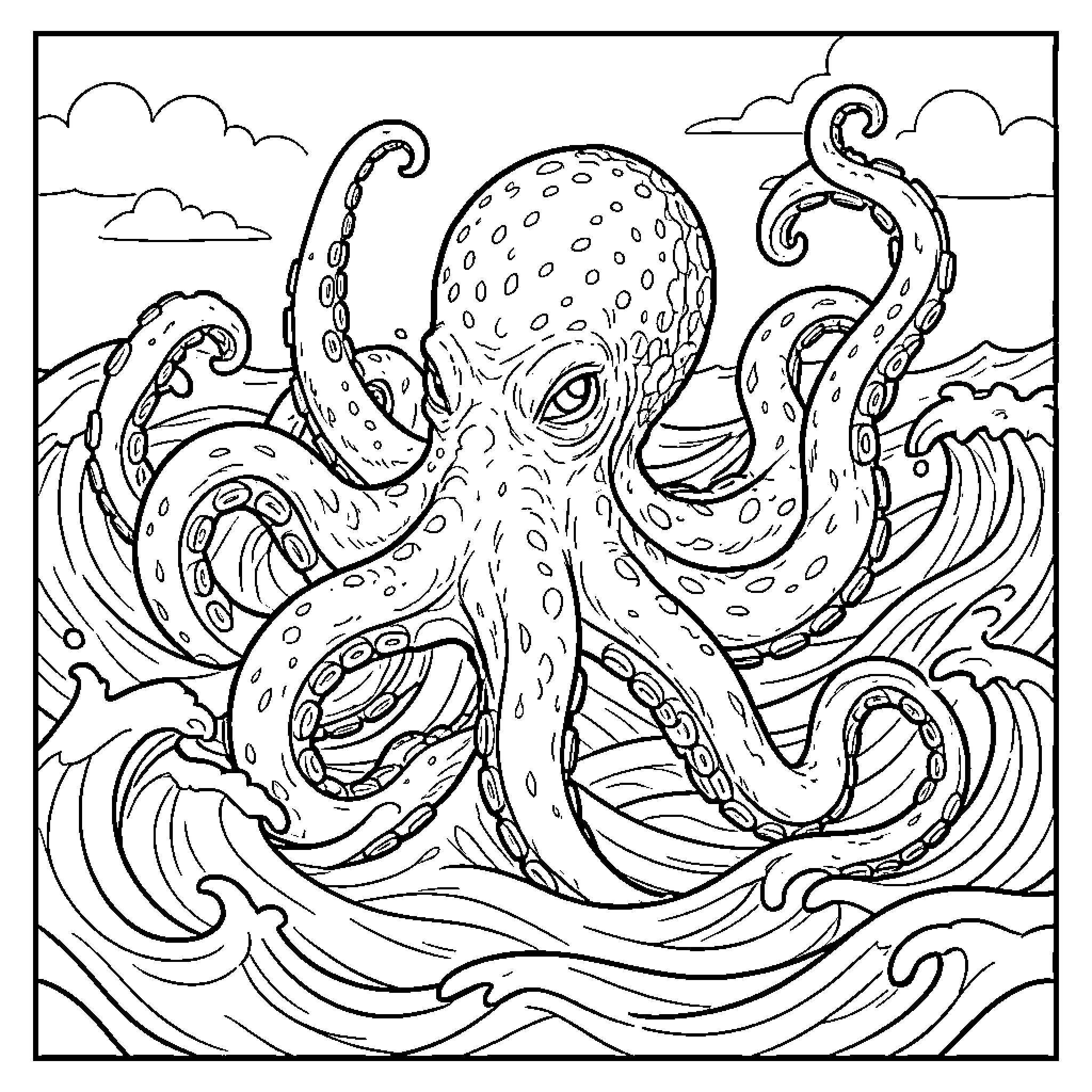 Kraken emerging powerfully from the crashing ocean waves Coloring Page (free black-and-white line drawing printable PDF for all, from beginners to advanced learners, including children, teens, adults, and seniors)