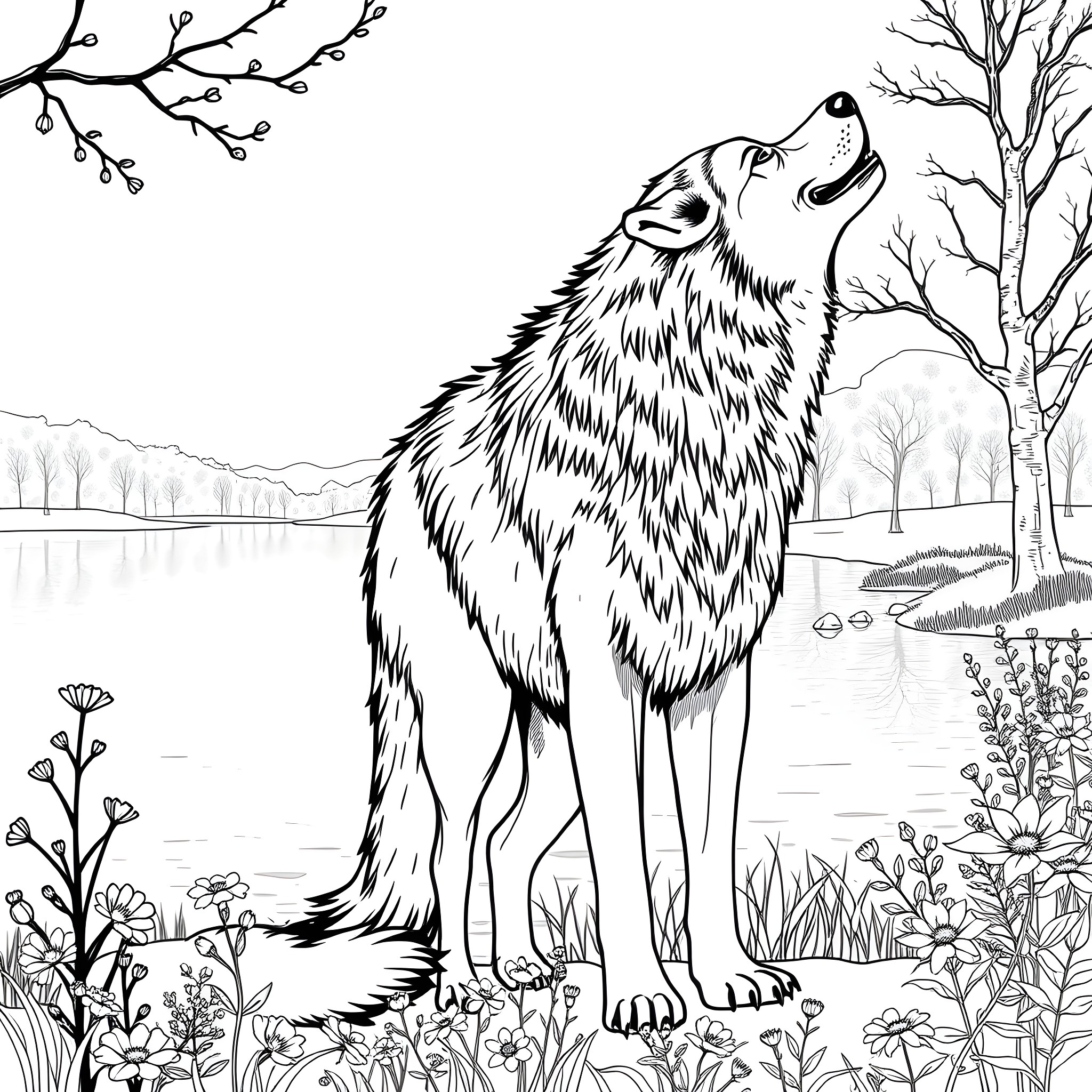 Wolf howling in the winter forest landscape Coloring Page (free black-and-white line drawing printable PDF for all, from beginners to advanced learners, including children, teens, adults, and seniors)