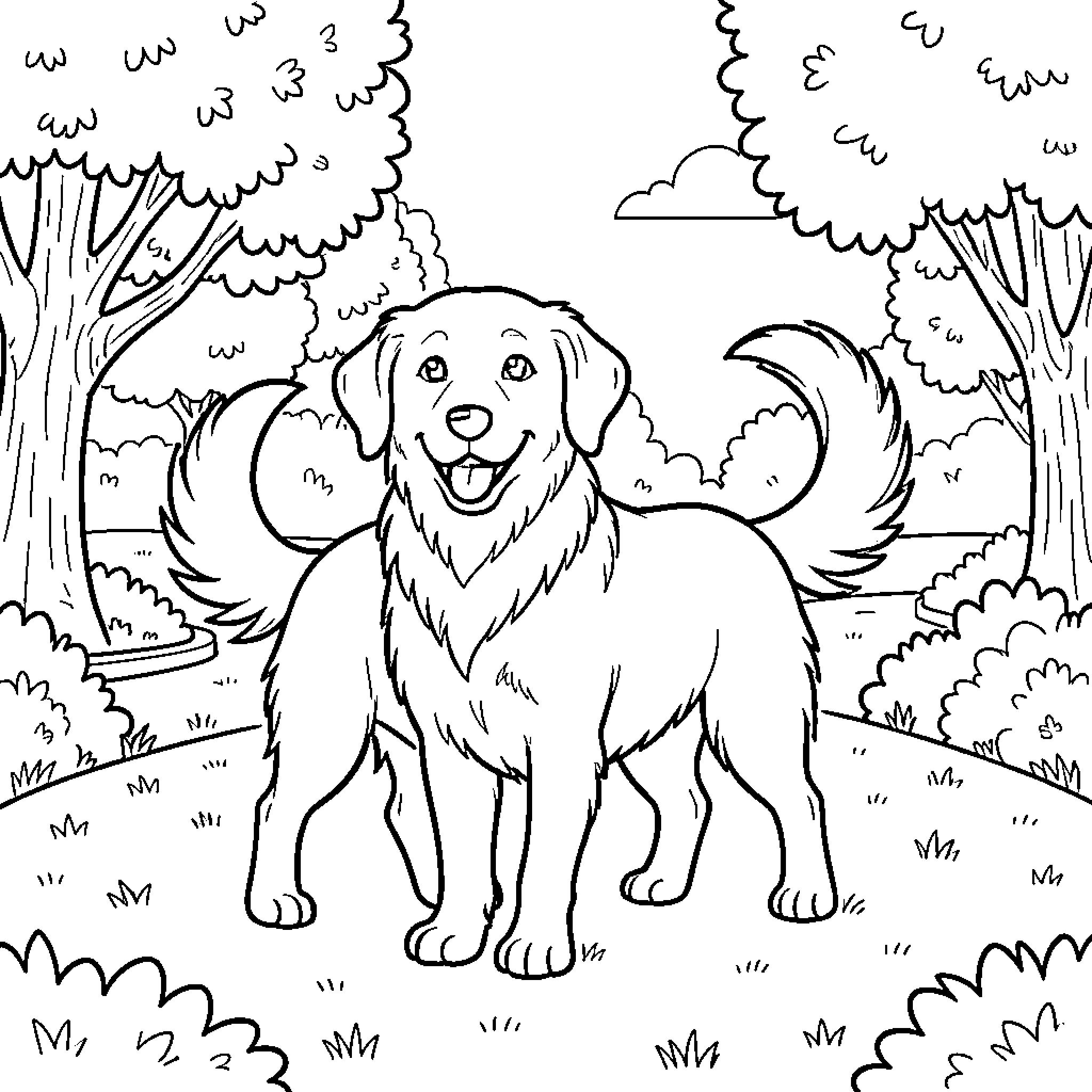 Dog happily exploring the forest Coloring Page (free black-and-white line drawing printable PDF for all, from beginners to advanced learners, including children, teens, adults, and seniors)