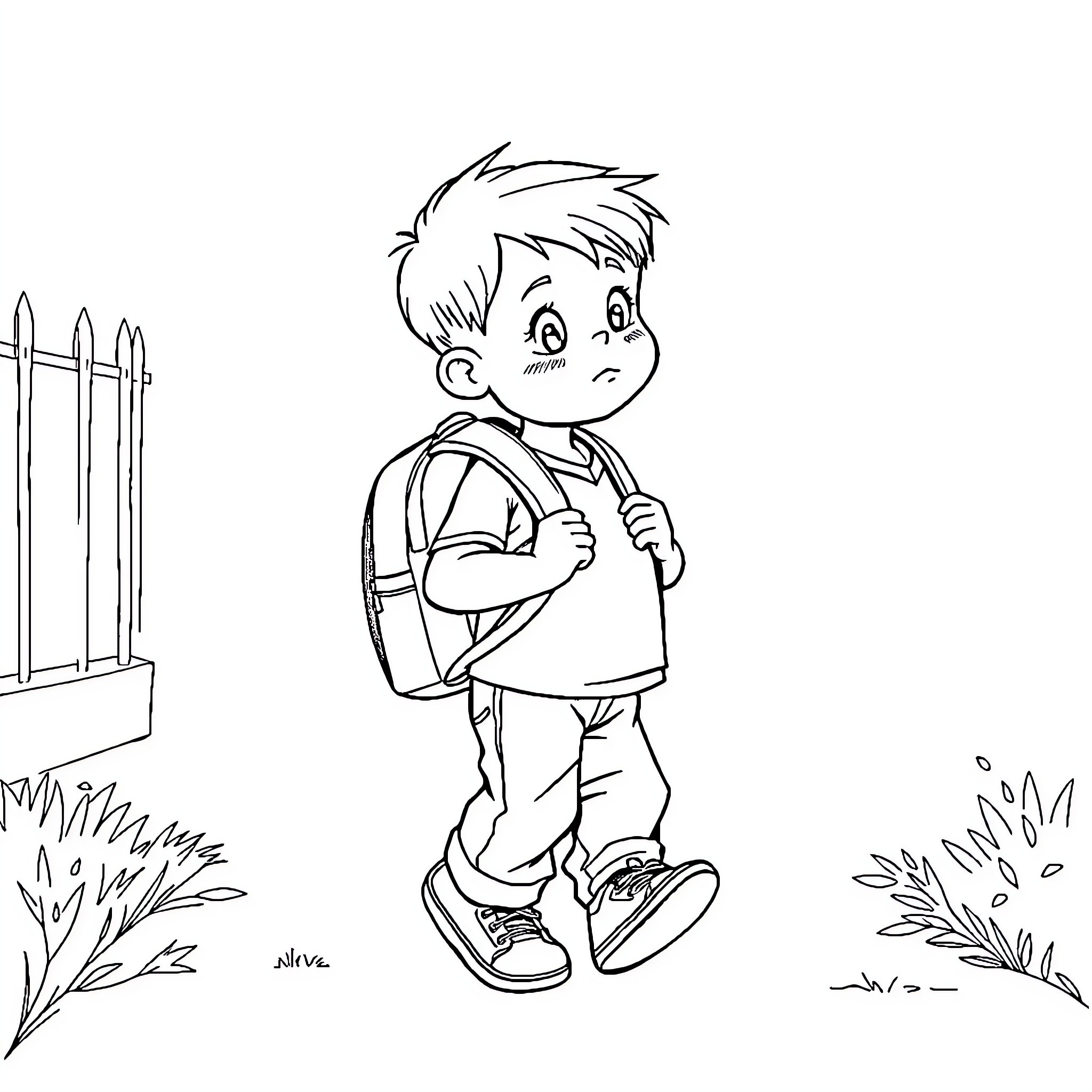 Boy carrying backpack walking to school Coloring Page (free black-and-white line drawing printable PDF for all, from beginners to advanced learners, including children, teens, adults, and seniors)