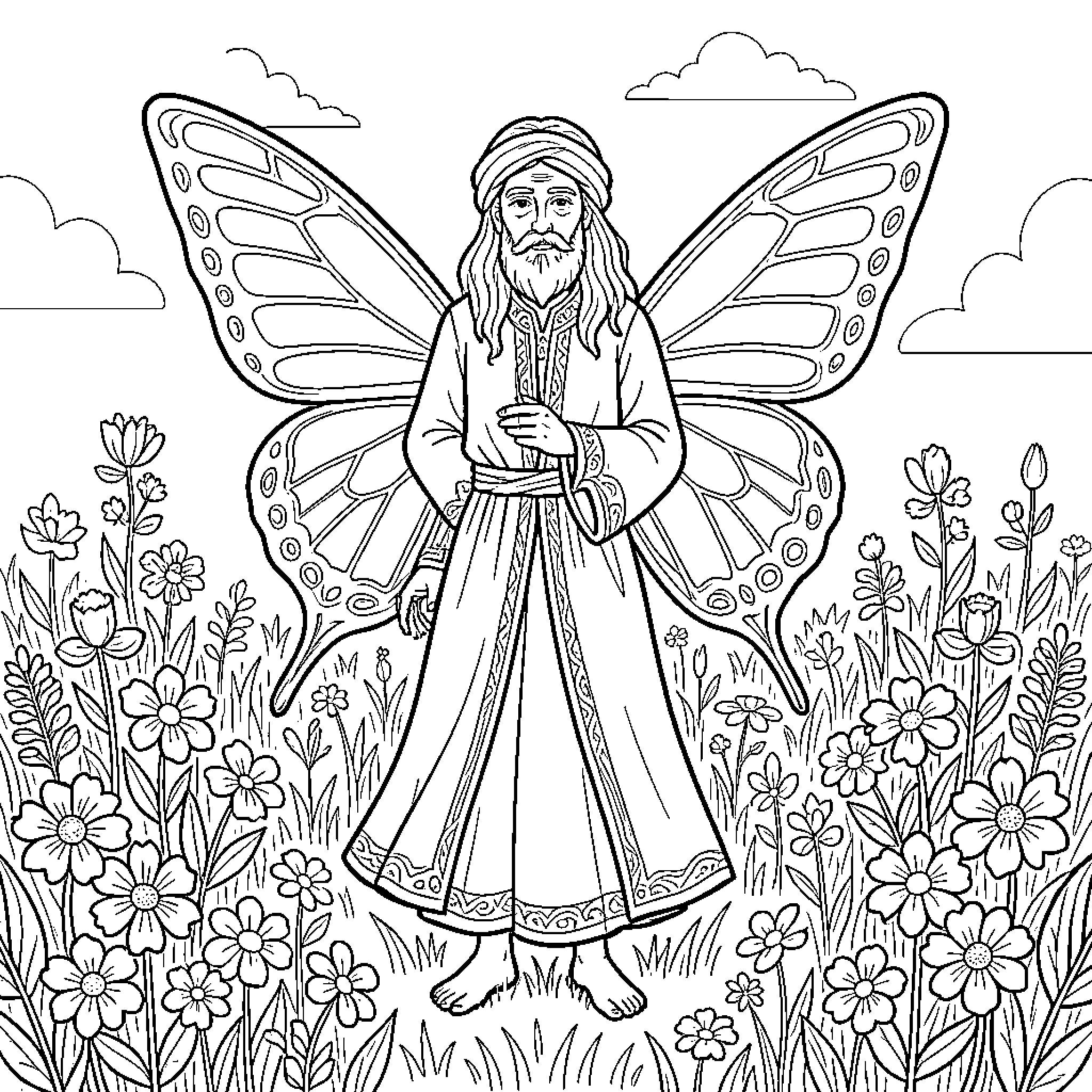 Rumi with large butterfly wings standing in a flower field Coloring Page (free black-and-white line drawing printable PDF for all, from beginners to advanced learners, including children, teens, adults, and seniors)